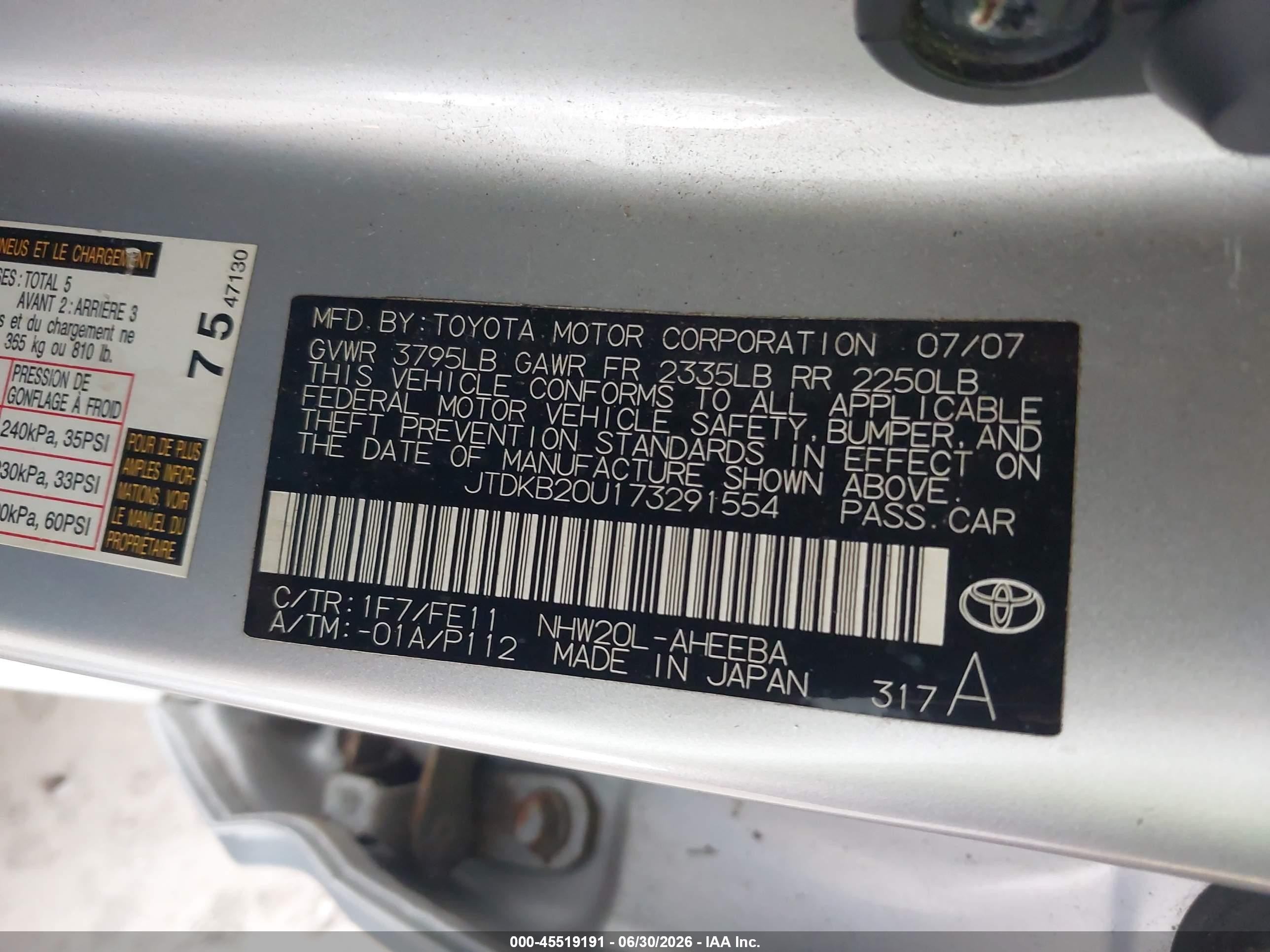 2007 Toyota Prius   Silver vin: JTDKB20U173291554