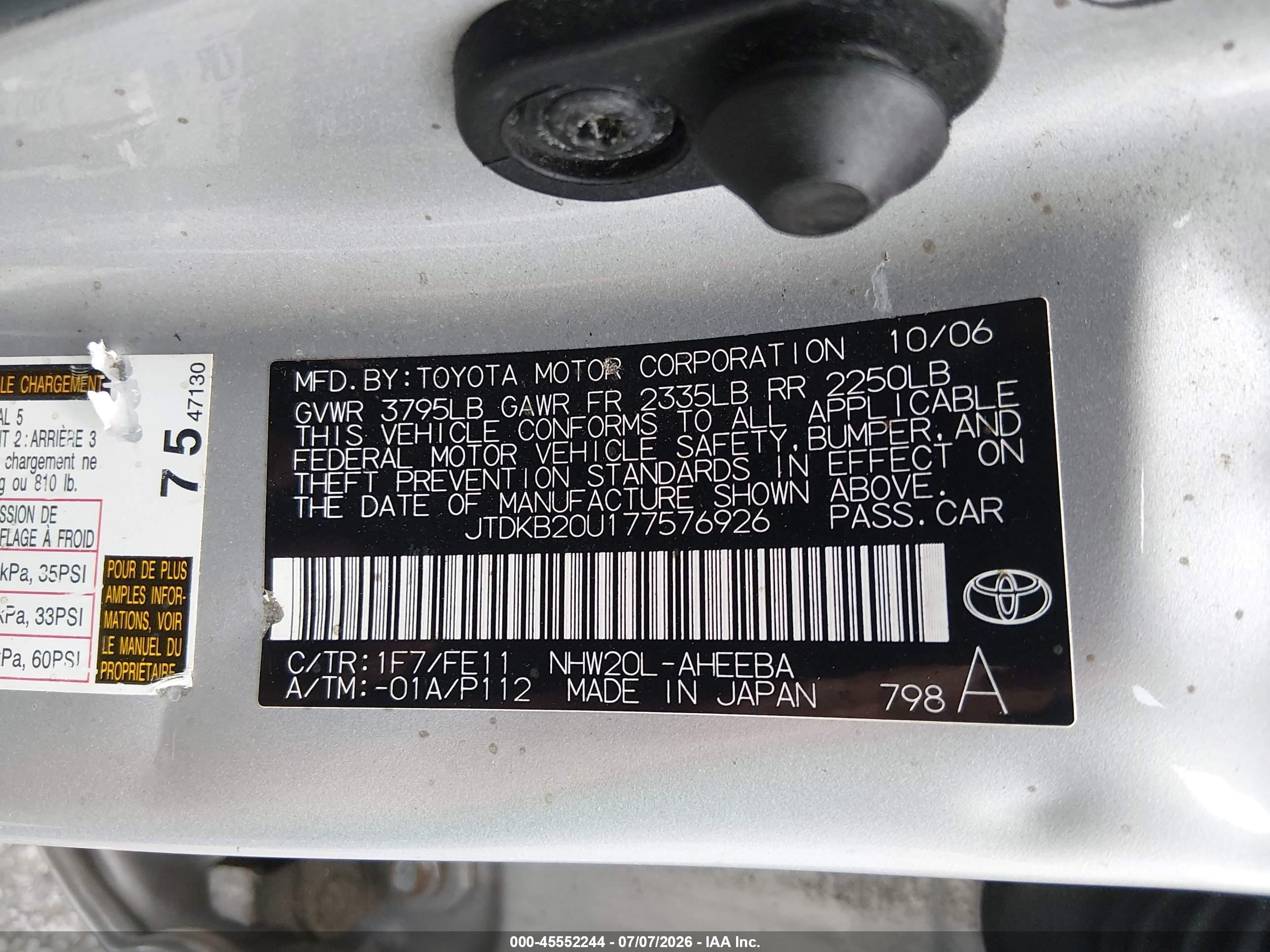 2007 Toyota Prius Silver vin: JTDKB20U177576926