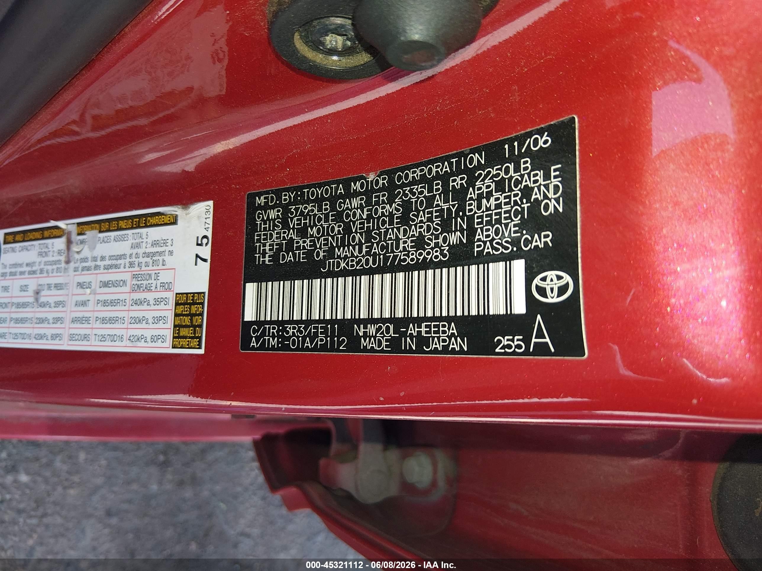 2007 Toyota Prius   Red vin: JTDKB20U177589983