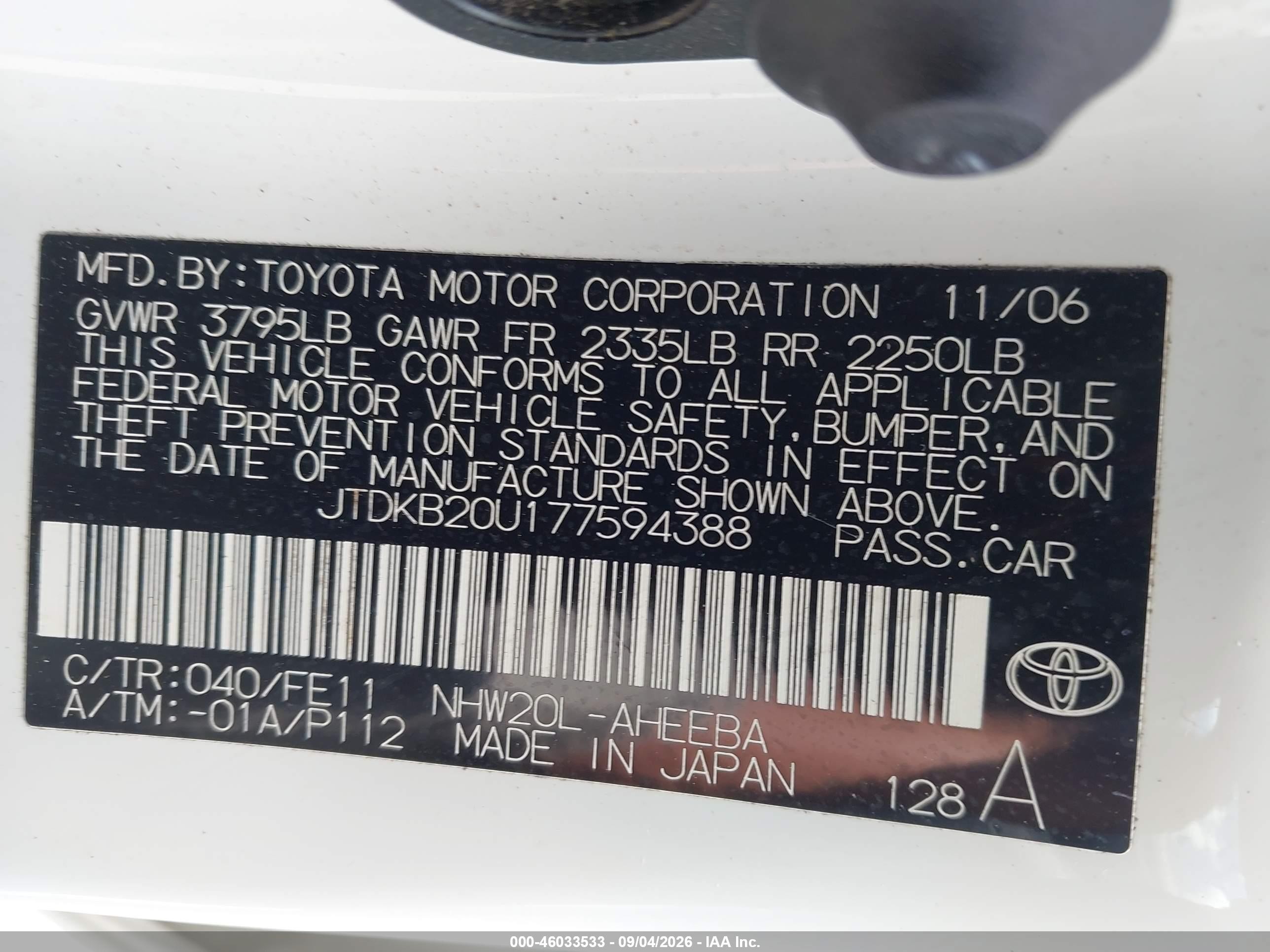 2007 Toyota Prius   White vin: JTDKB20U177594388