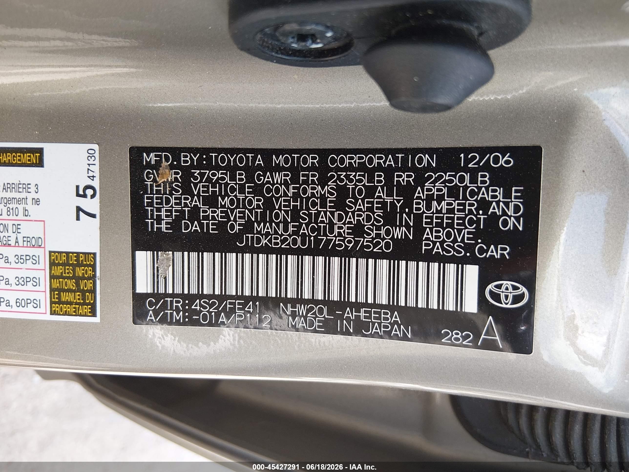 2007 Toyota Prius   Gray vin: JTDKB20U177597520