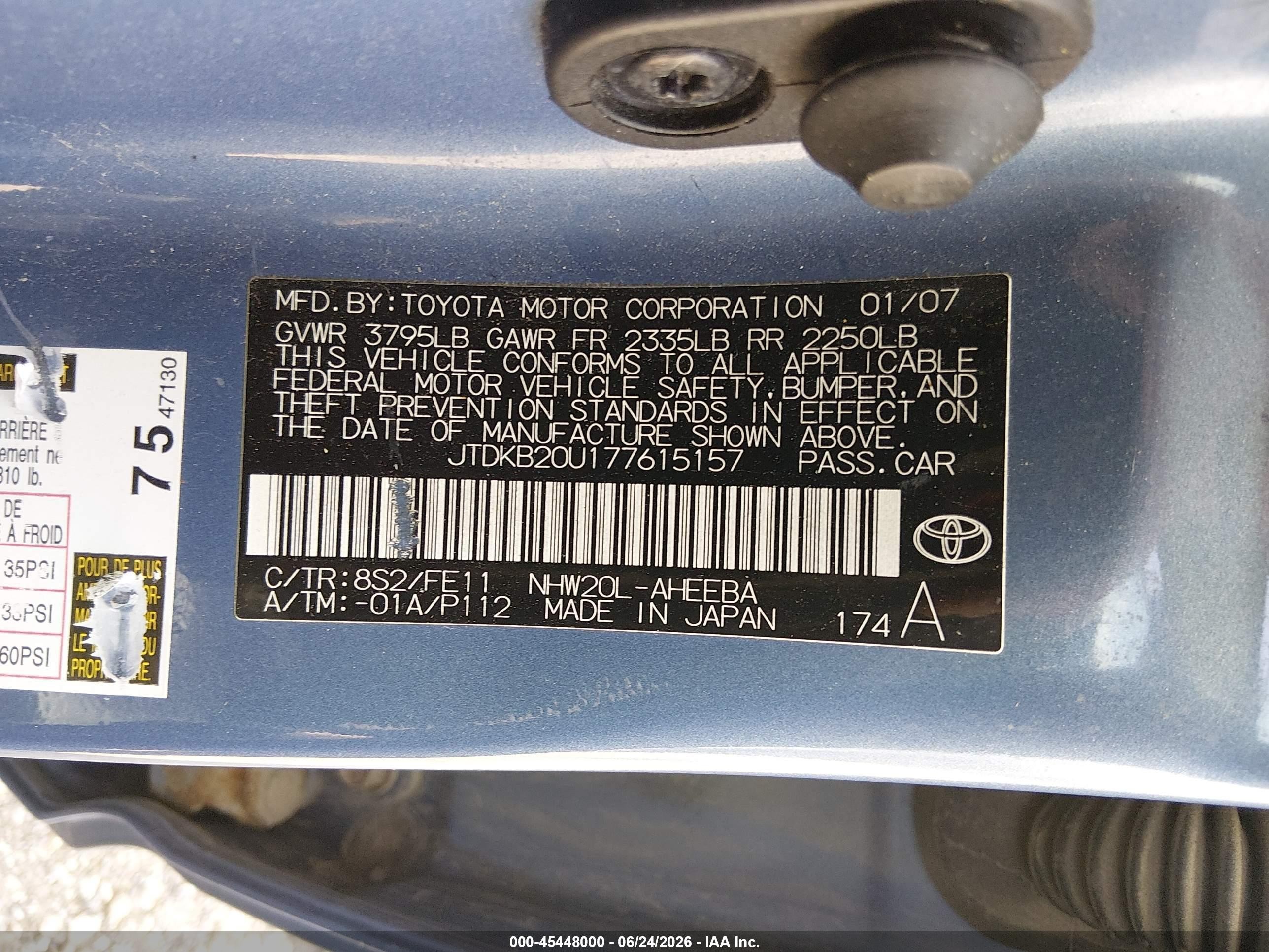 2007 Toyota Prius Blue vin: JTDKB20U177615157