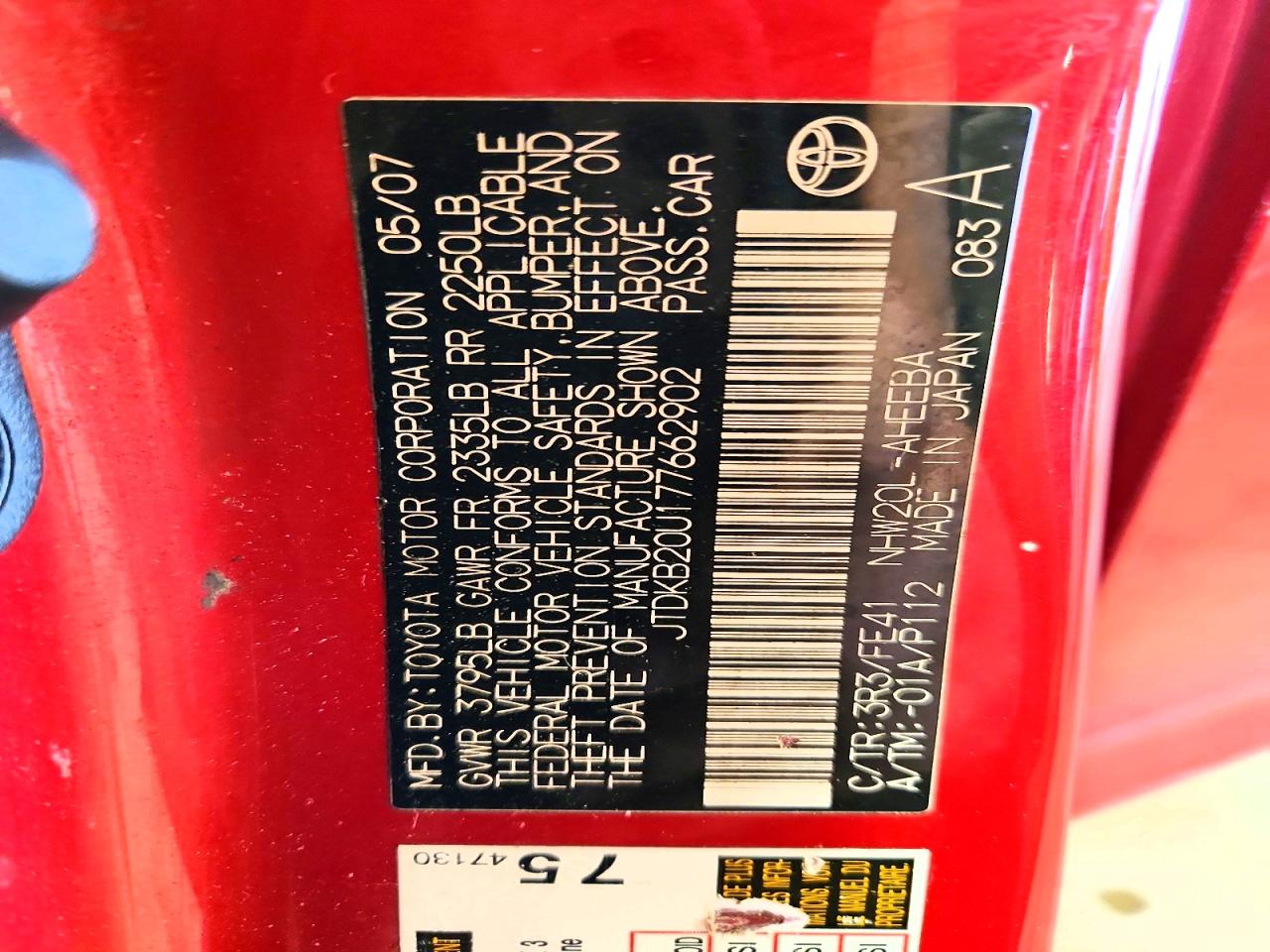 2007 Toyota Prius Base Red vin: JTDKB20U177662902