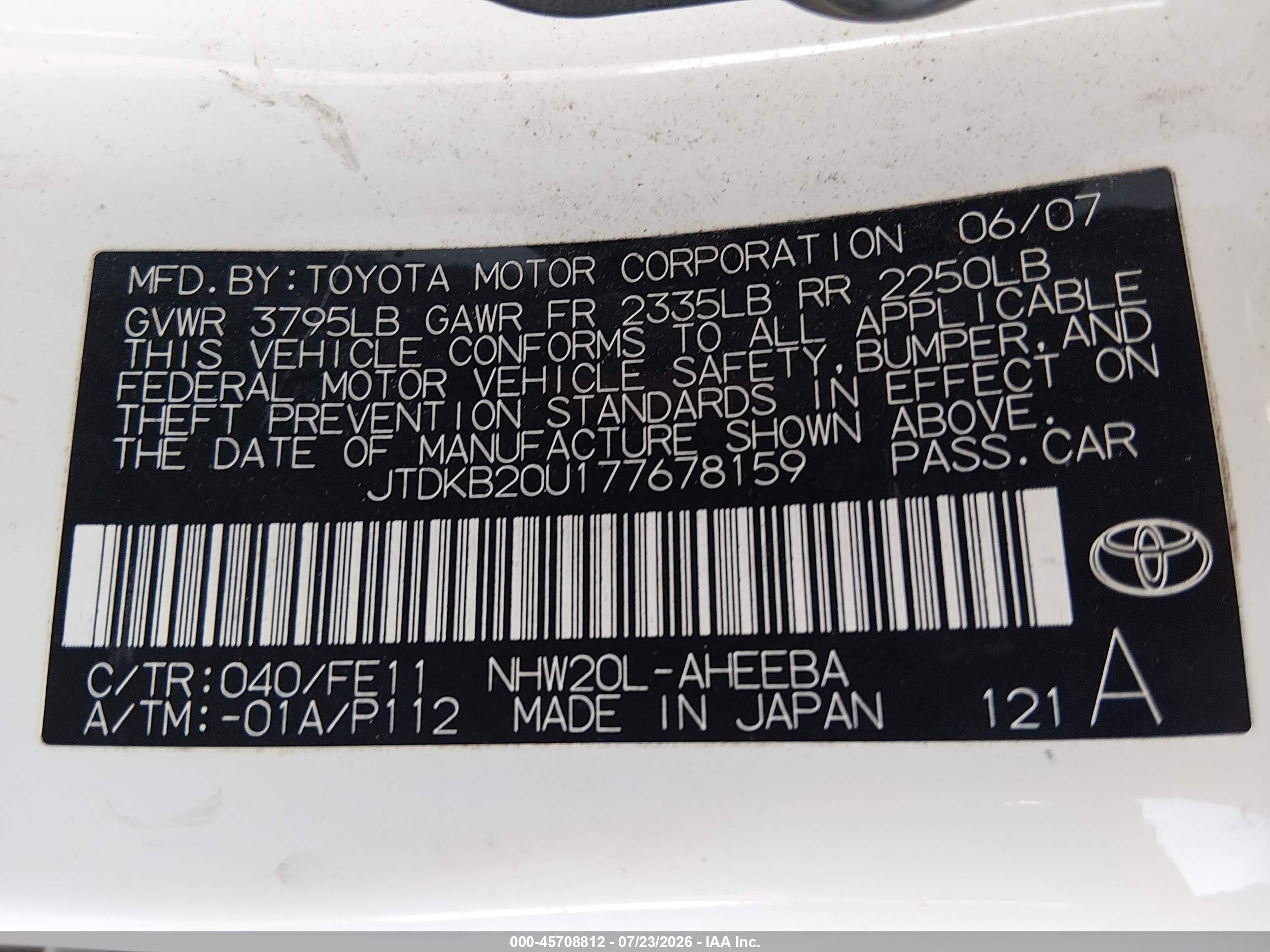 2007 Toyota Prius   White vin: JTDKB20U177678159