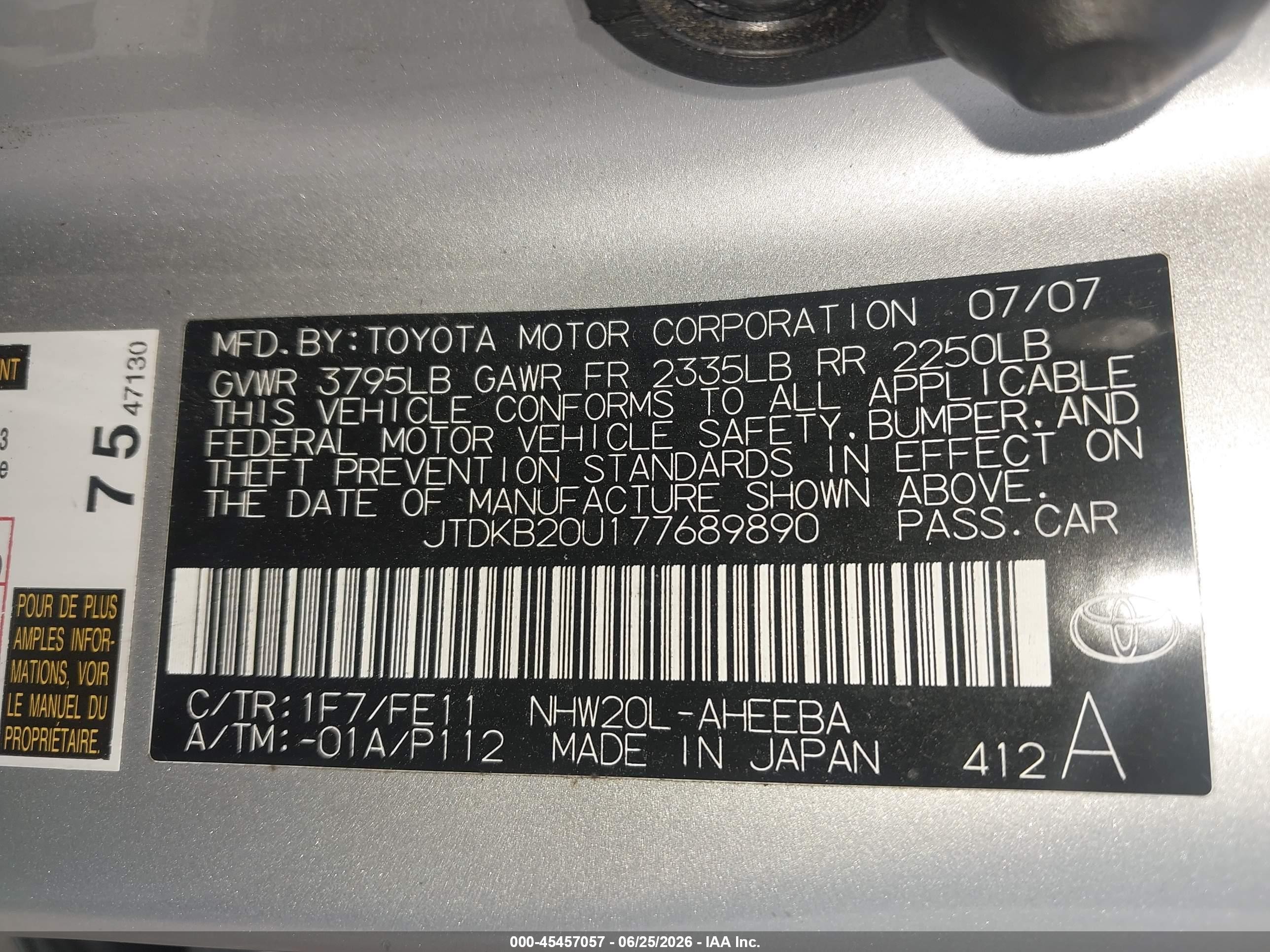 2007 Toyota Prius   Silver vin: JTDKB20U177689890