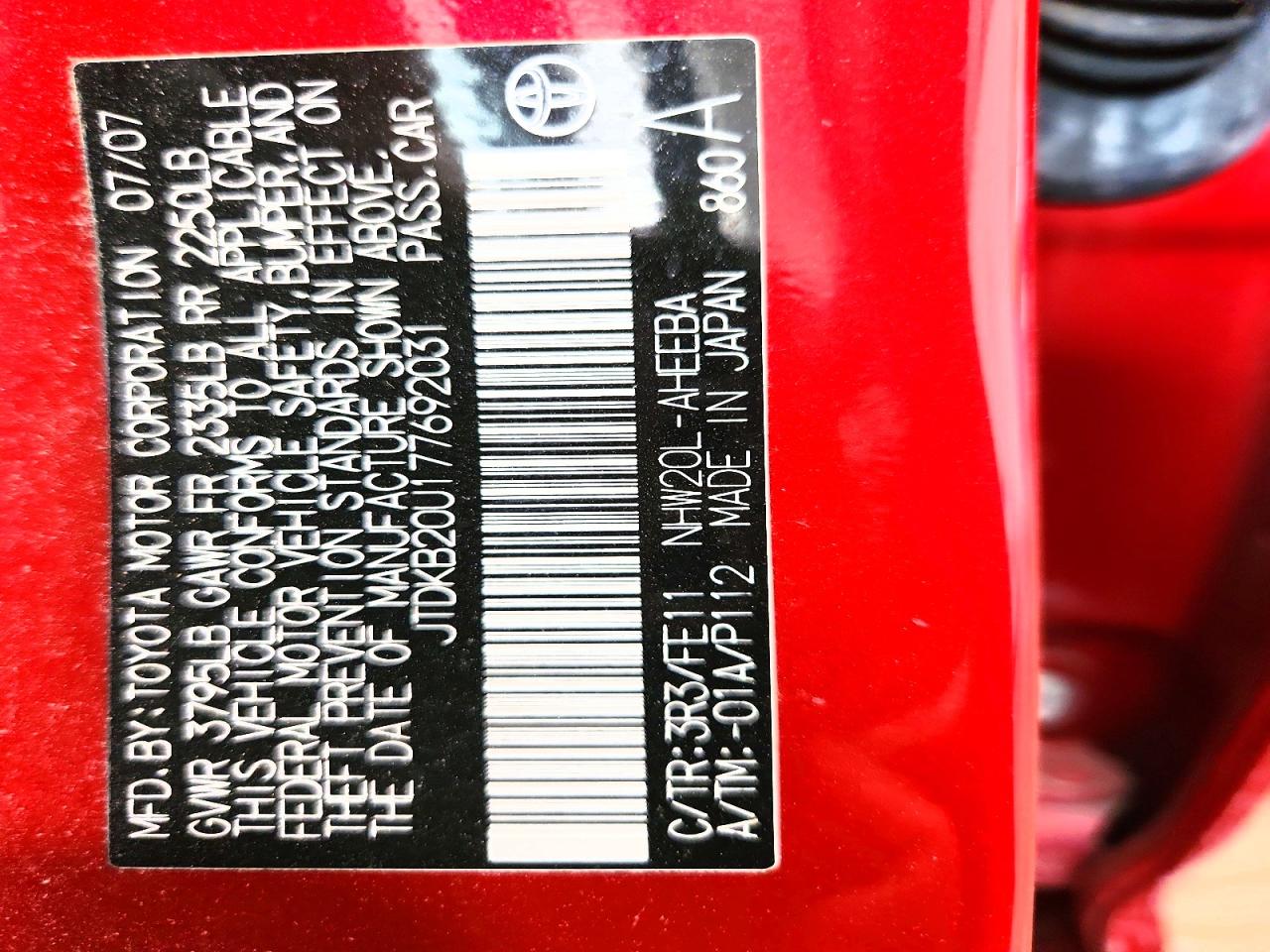 2007 Toyota Prius Base Red vin: JTDKB20U177692031