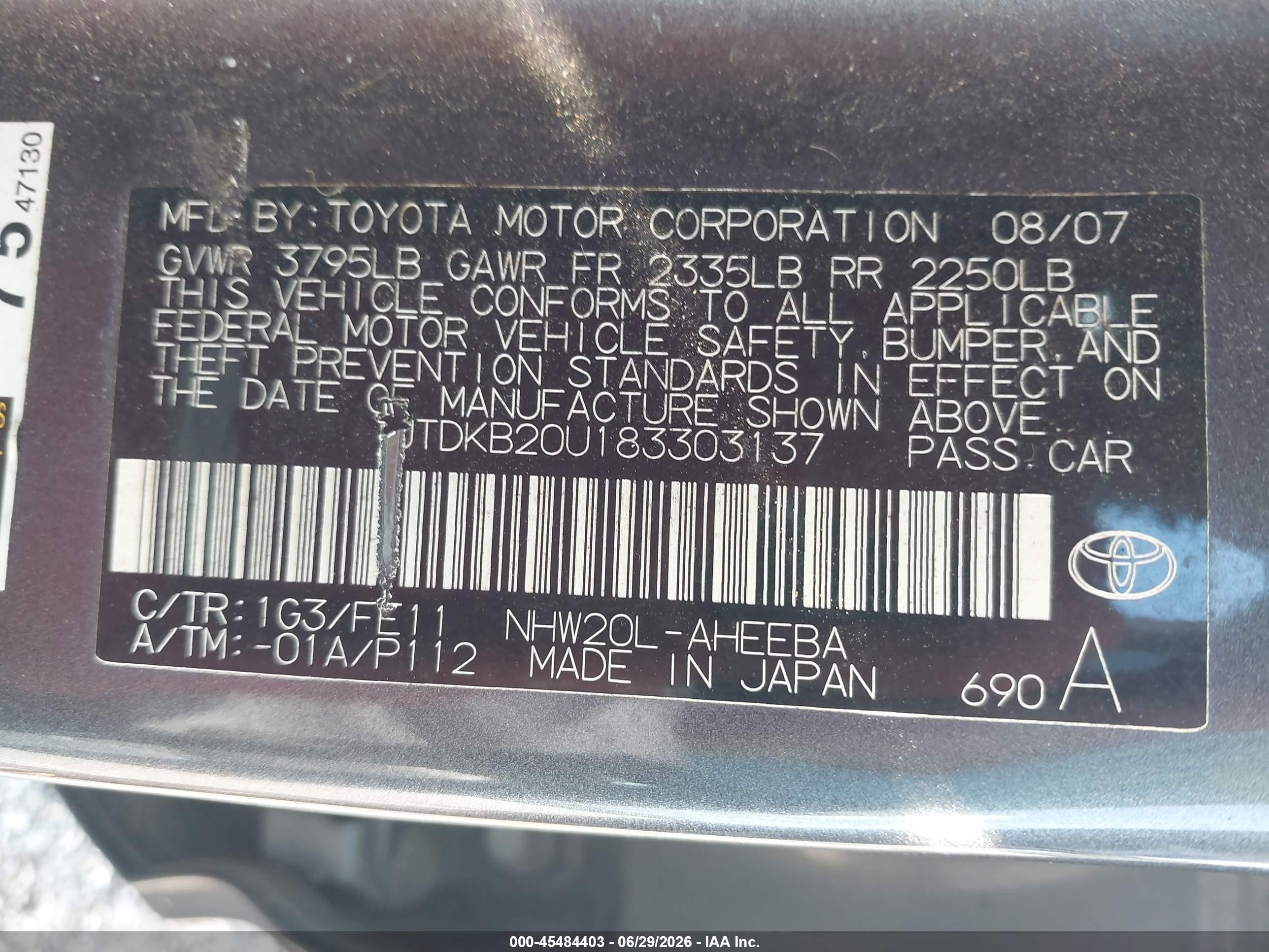 2008 Toyota Prius Gray vin: JTDKB20U183303137