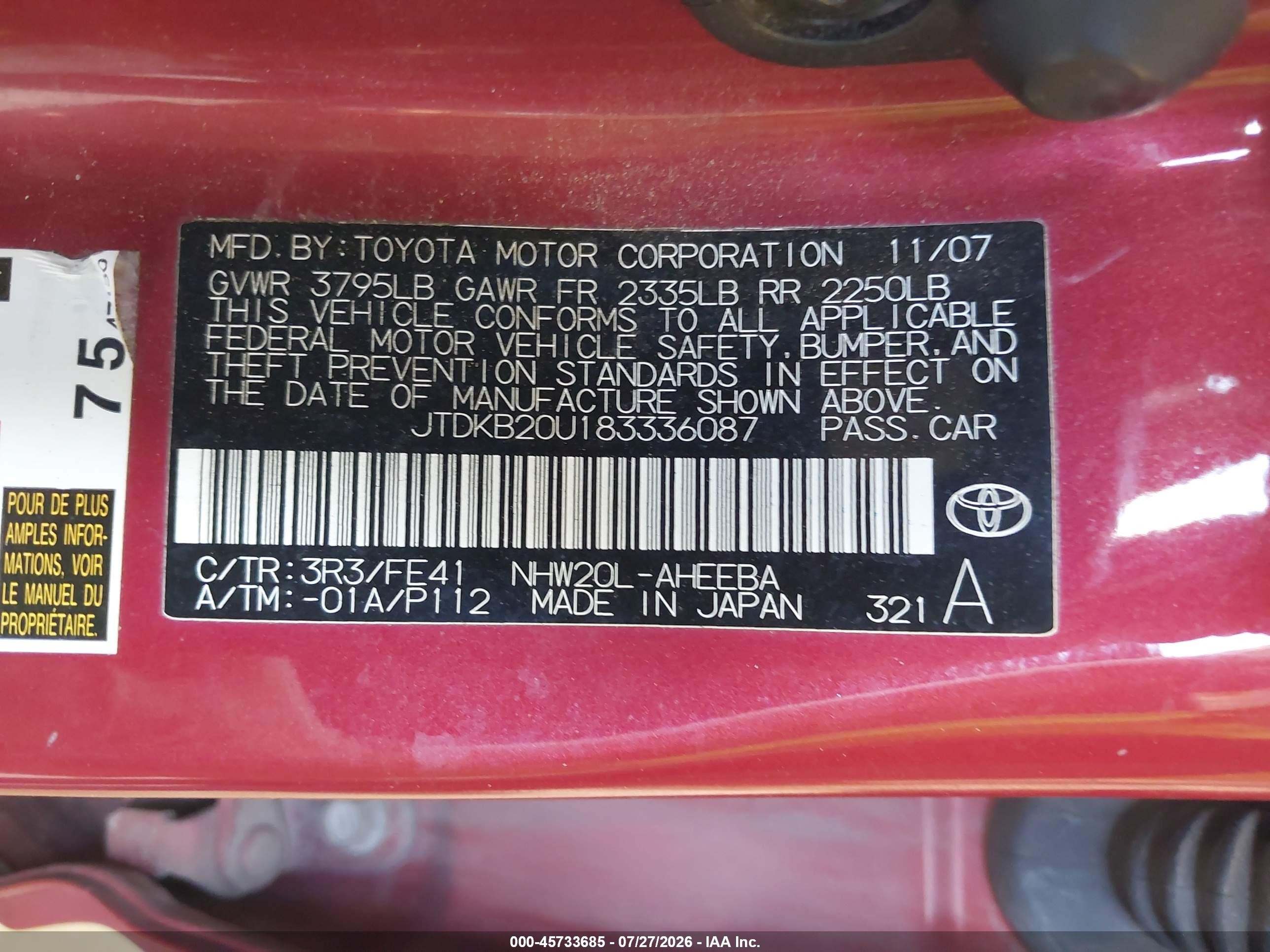 2008 Toyota Prius Красный vin: JTDKB20U183336087