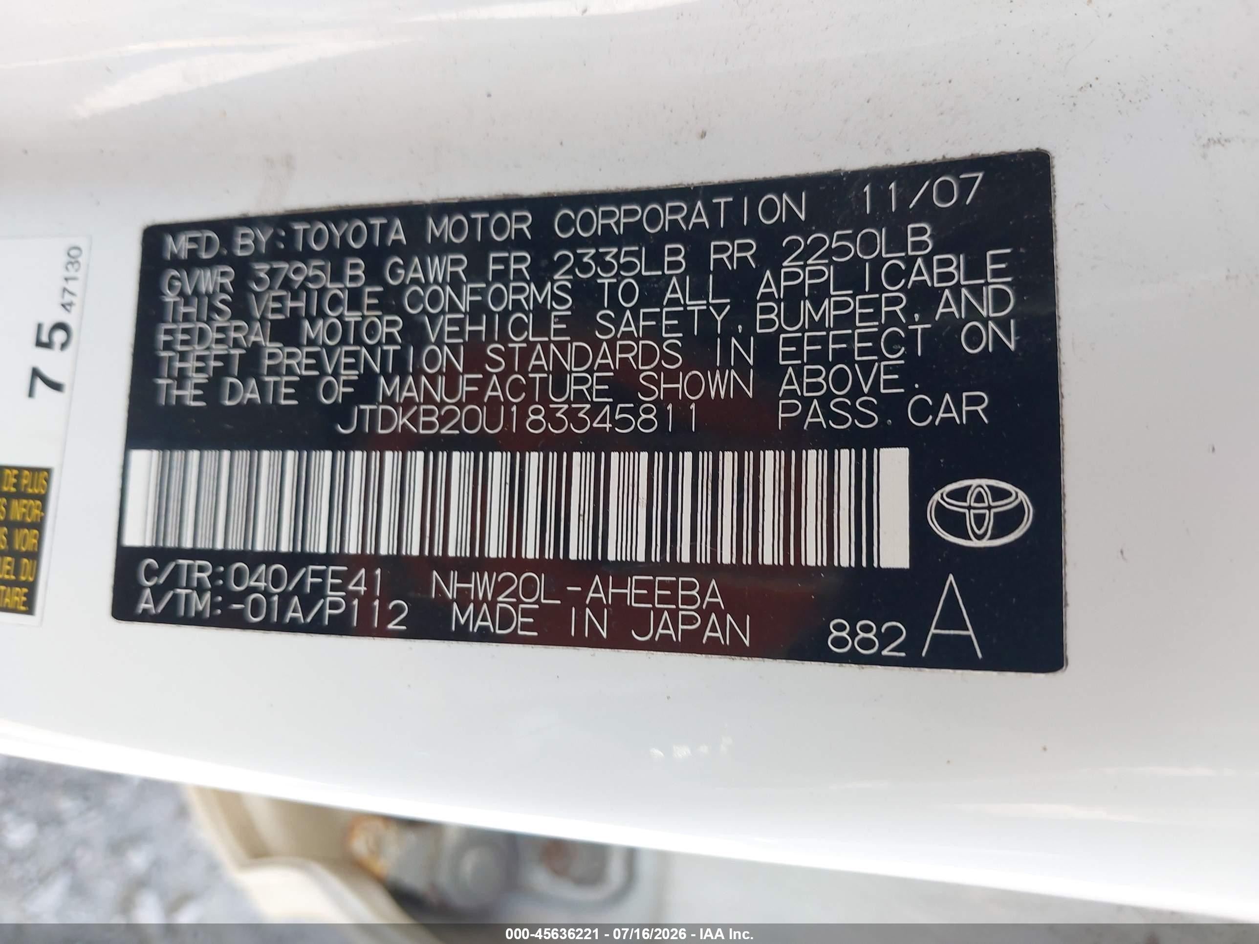 2008 Toyota Prius   White vin: JTDKB20U183345811