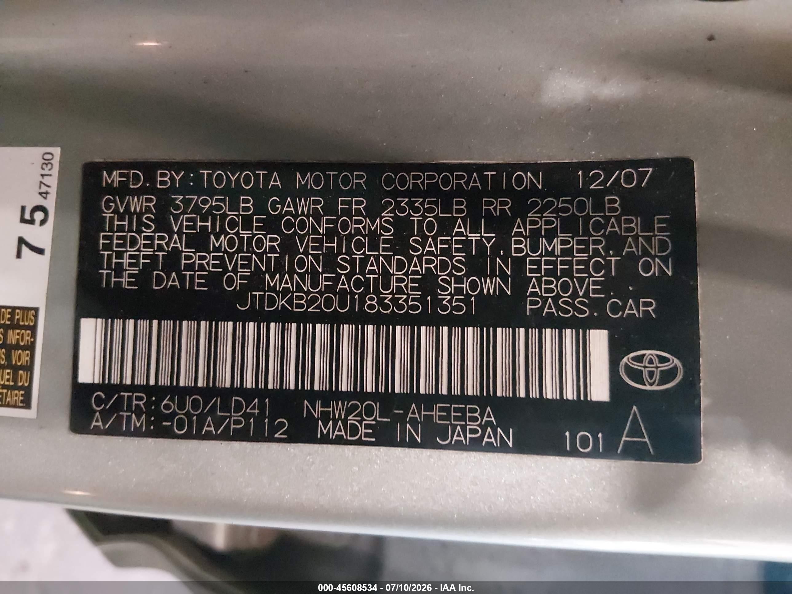 2008 Toyota Prius   Green vin: JTDKB20U183351351