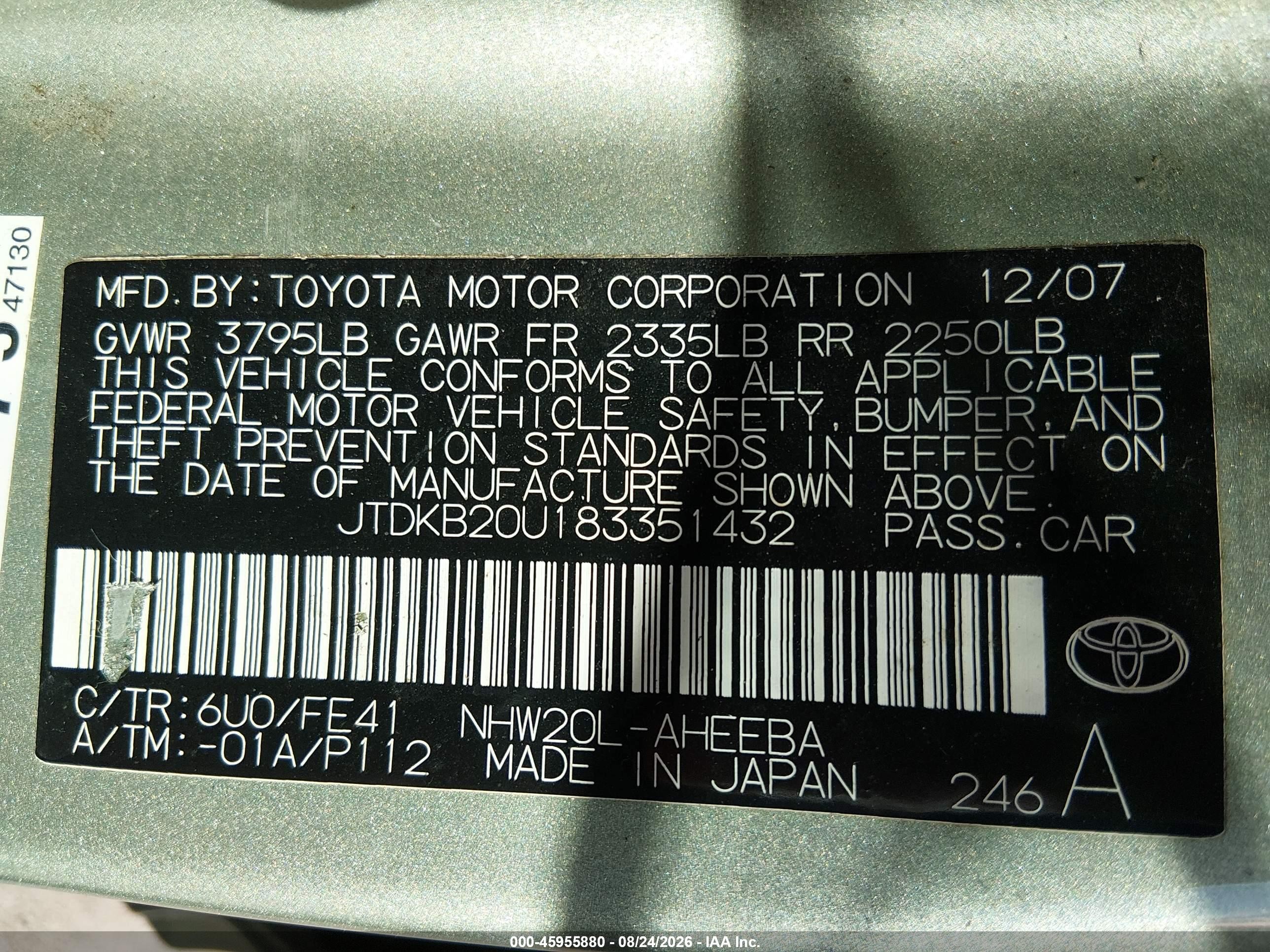 2008 Toyota Prius   Gray vin: JTDKB20U183351432