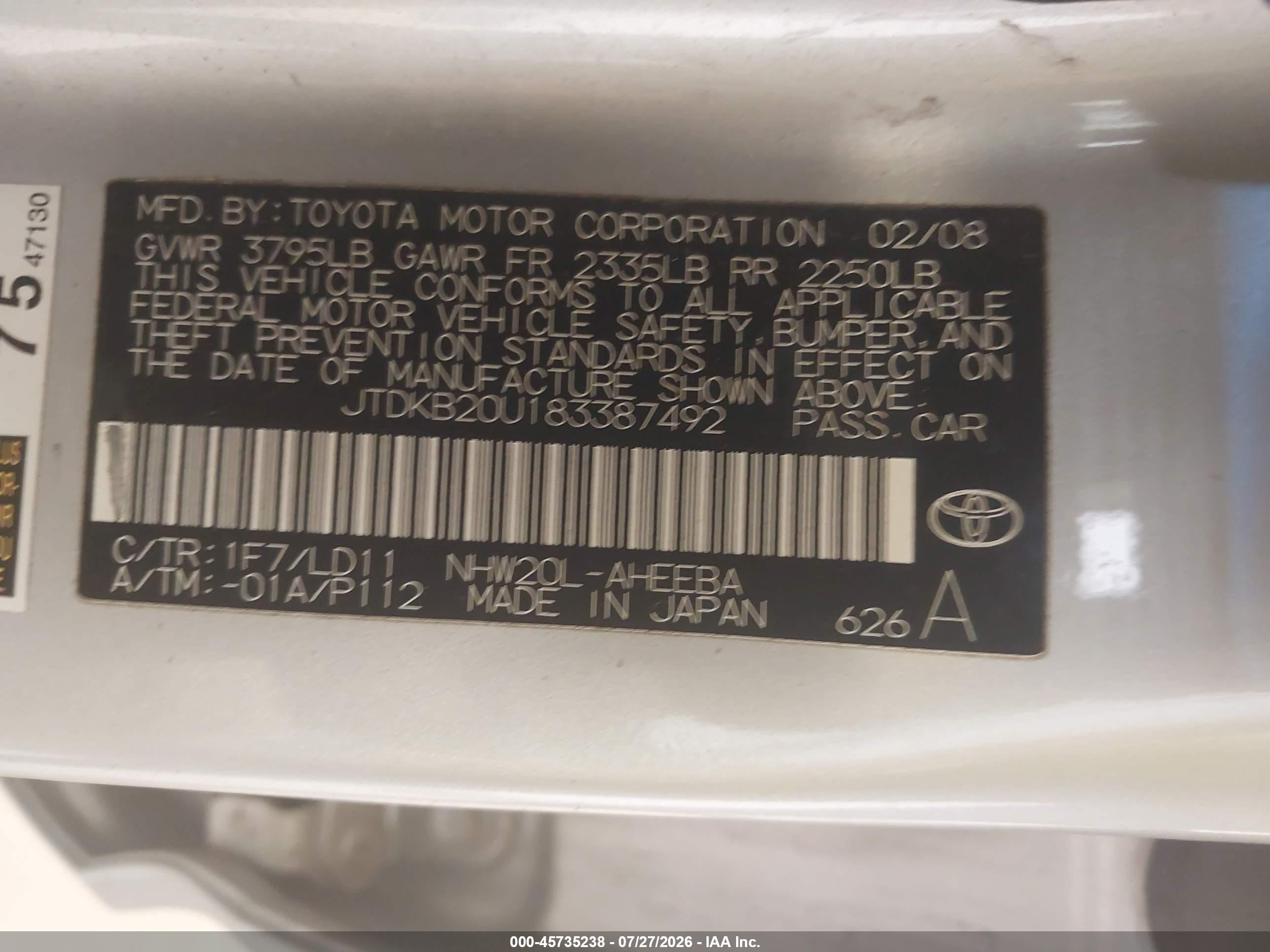 2008 Toyota Prius   Серебряный vin: JTDKB20U183387492