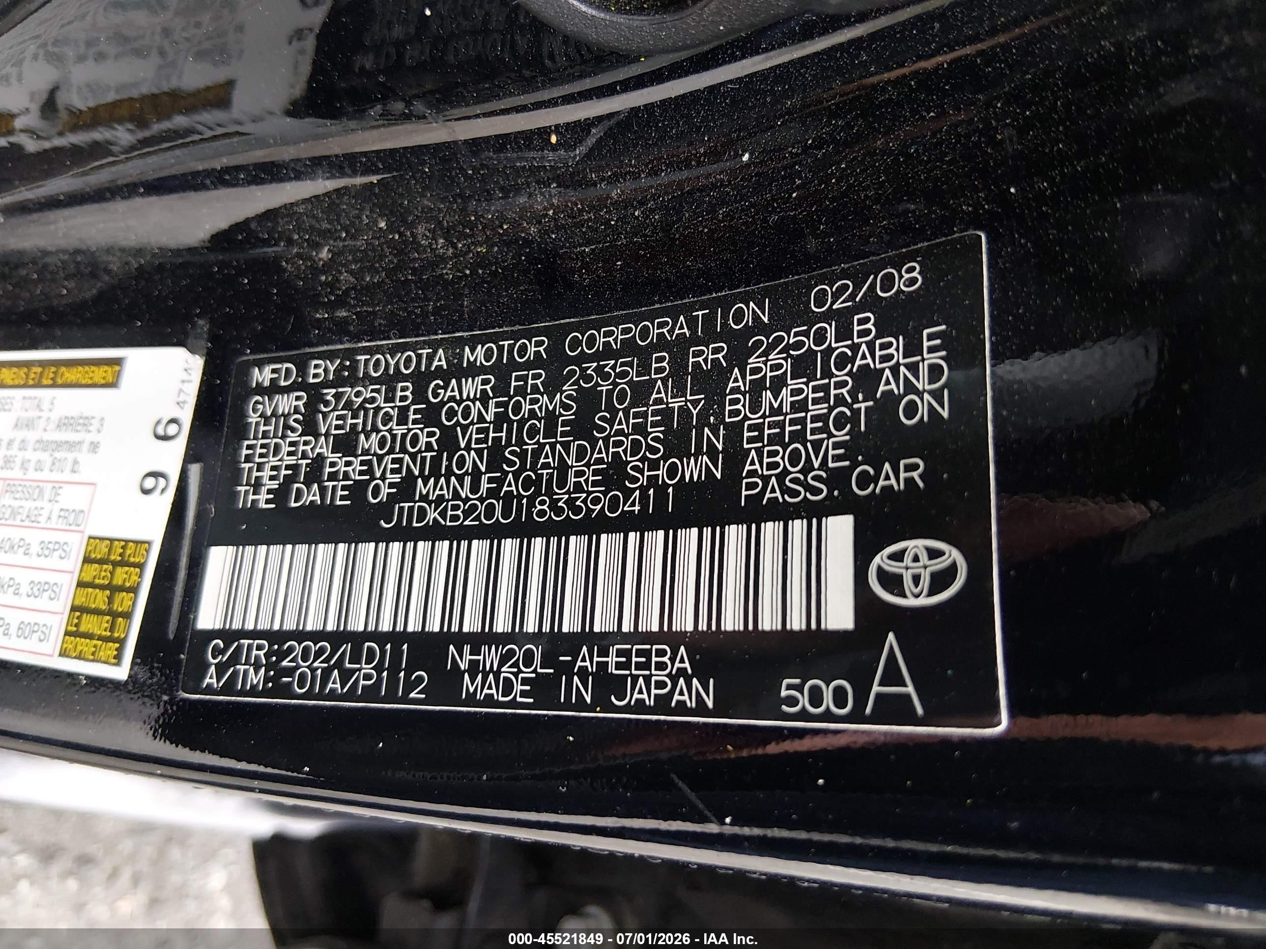 2008 Toyota Prius Touring Black vin: JTDKB20U183390411