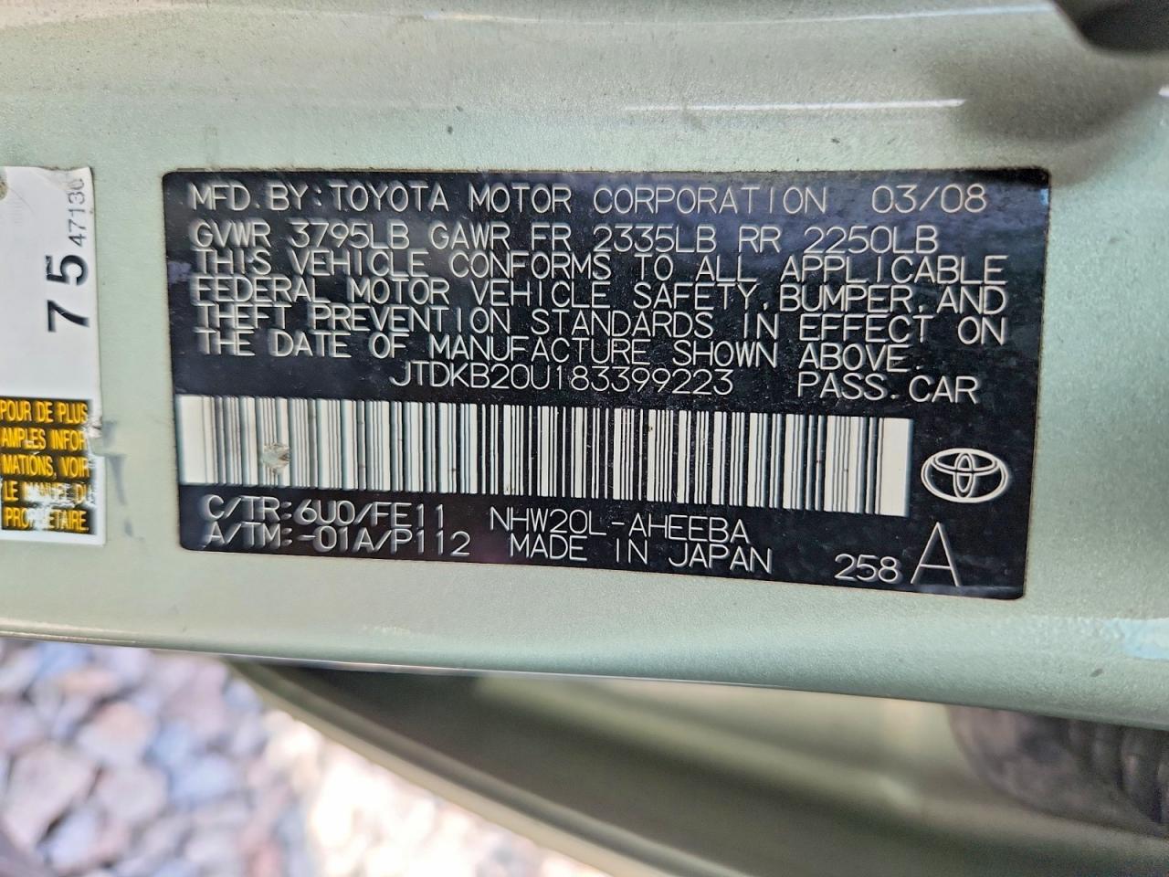2008 Toyota Prius Base Green vin: JTDKB20U183399223