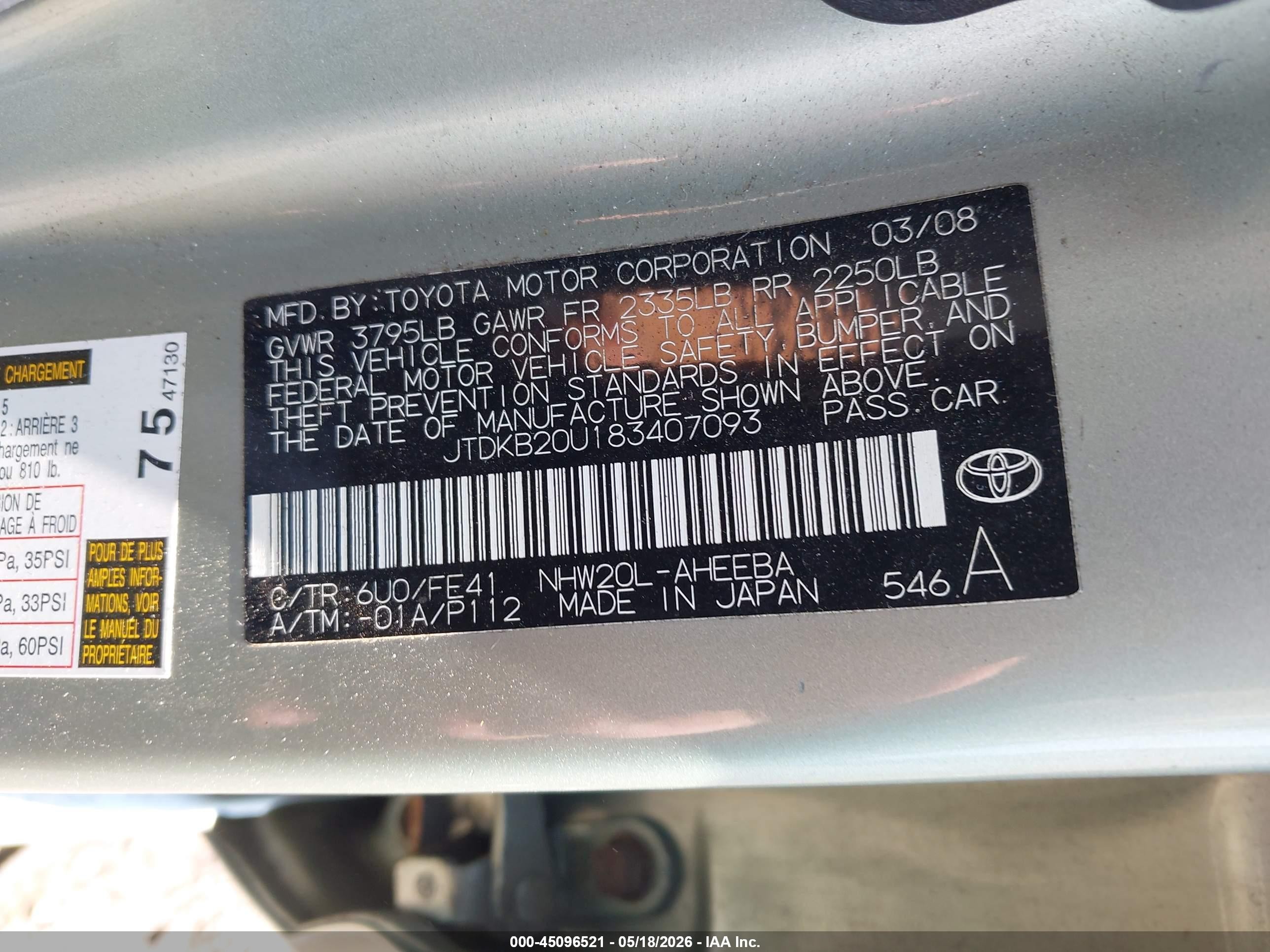 2008 Toyota Prius Green vin: JTDKB20U183407093