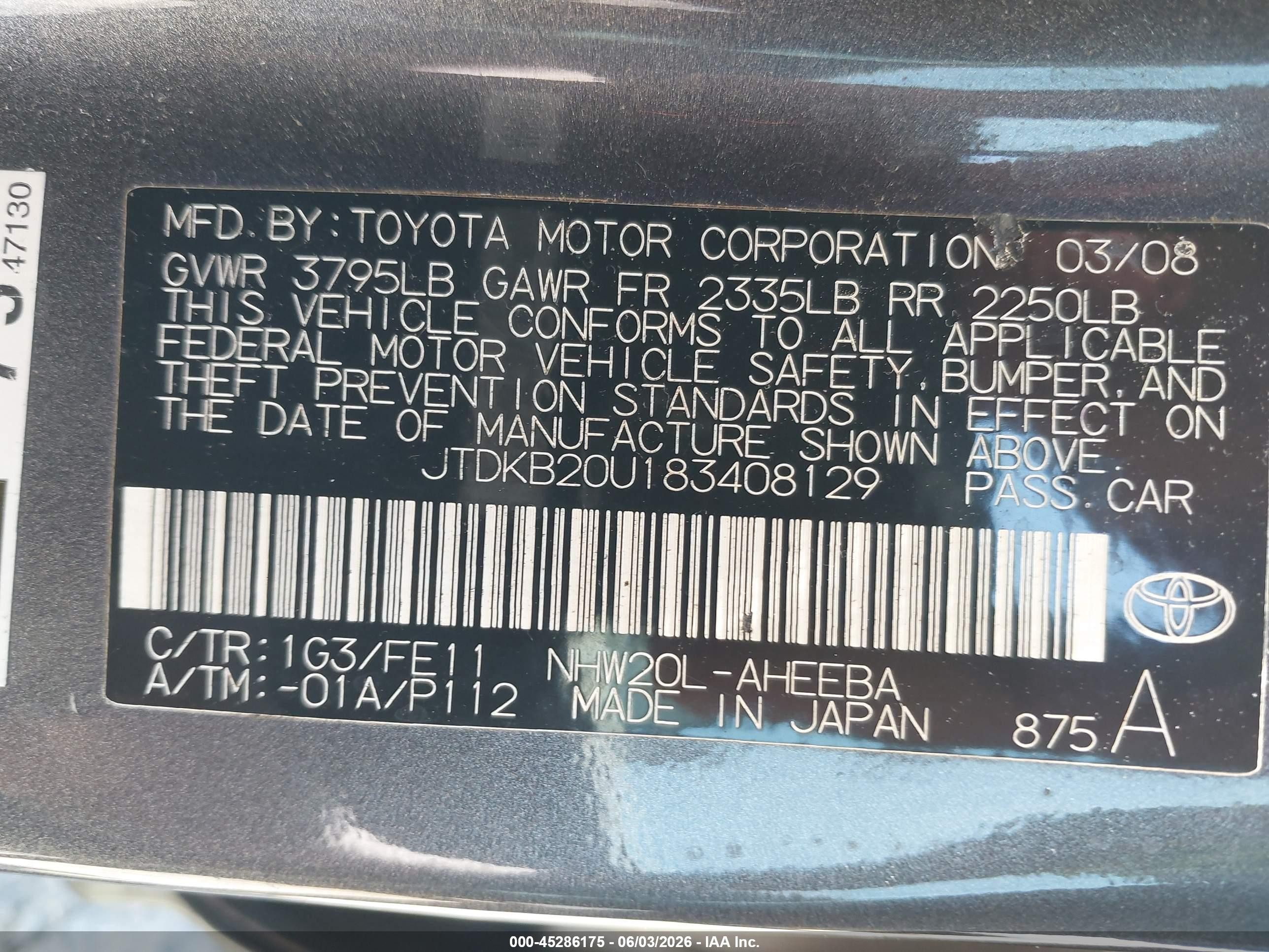 2008 Toyota Prius   Gray vin: JTDKB20U183408129