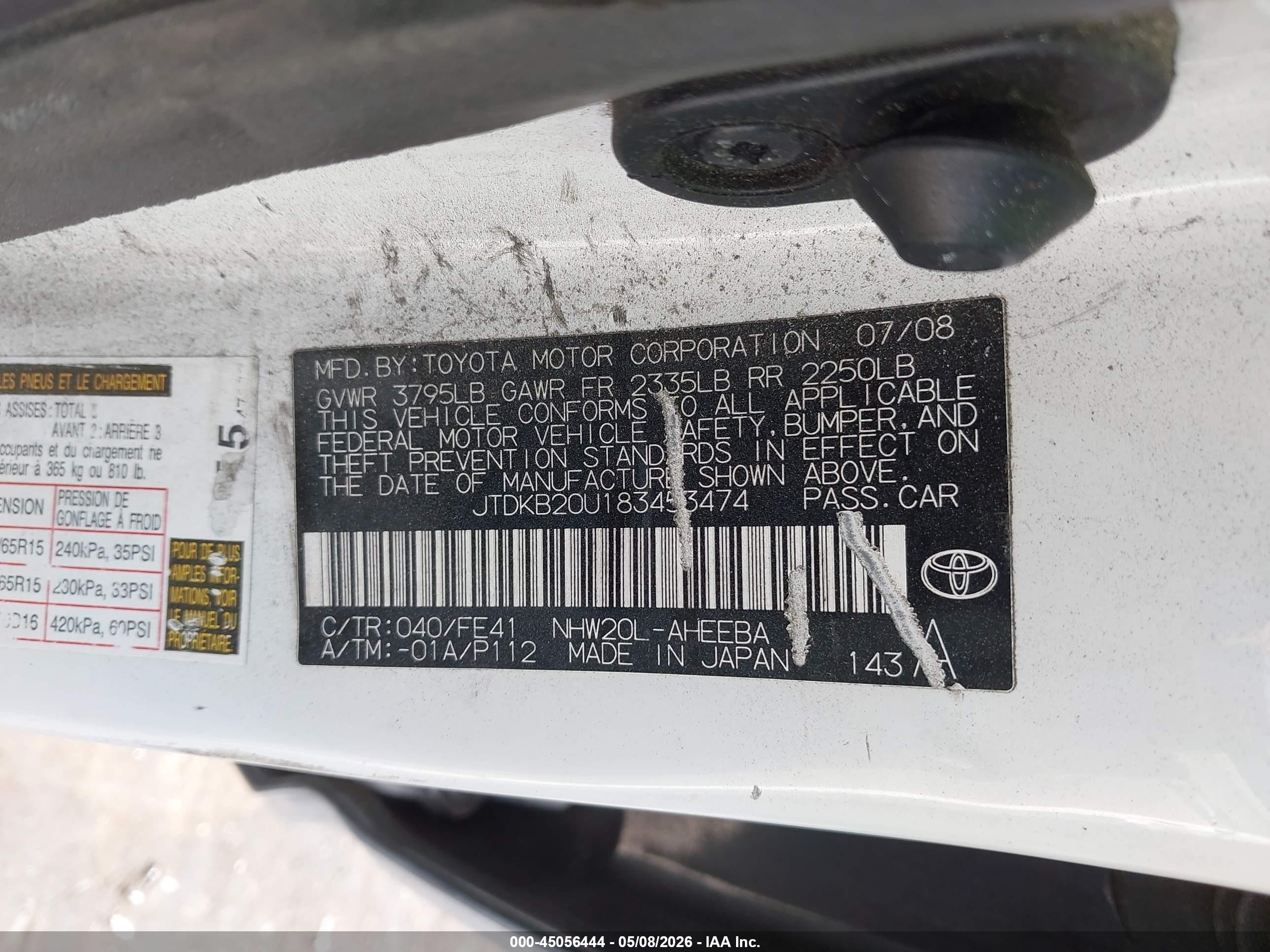 2008 Toyota Prius   White vin: JTDKB20U183453474