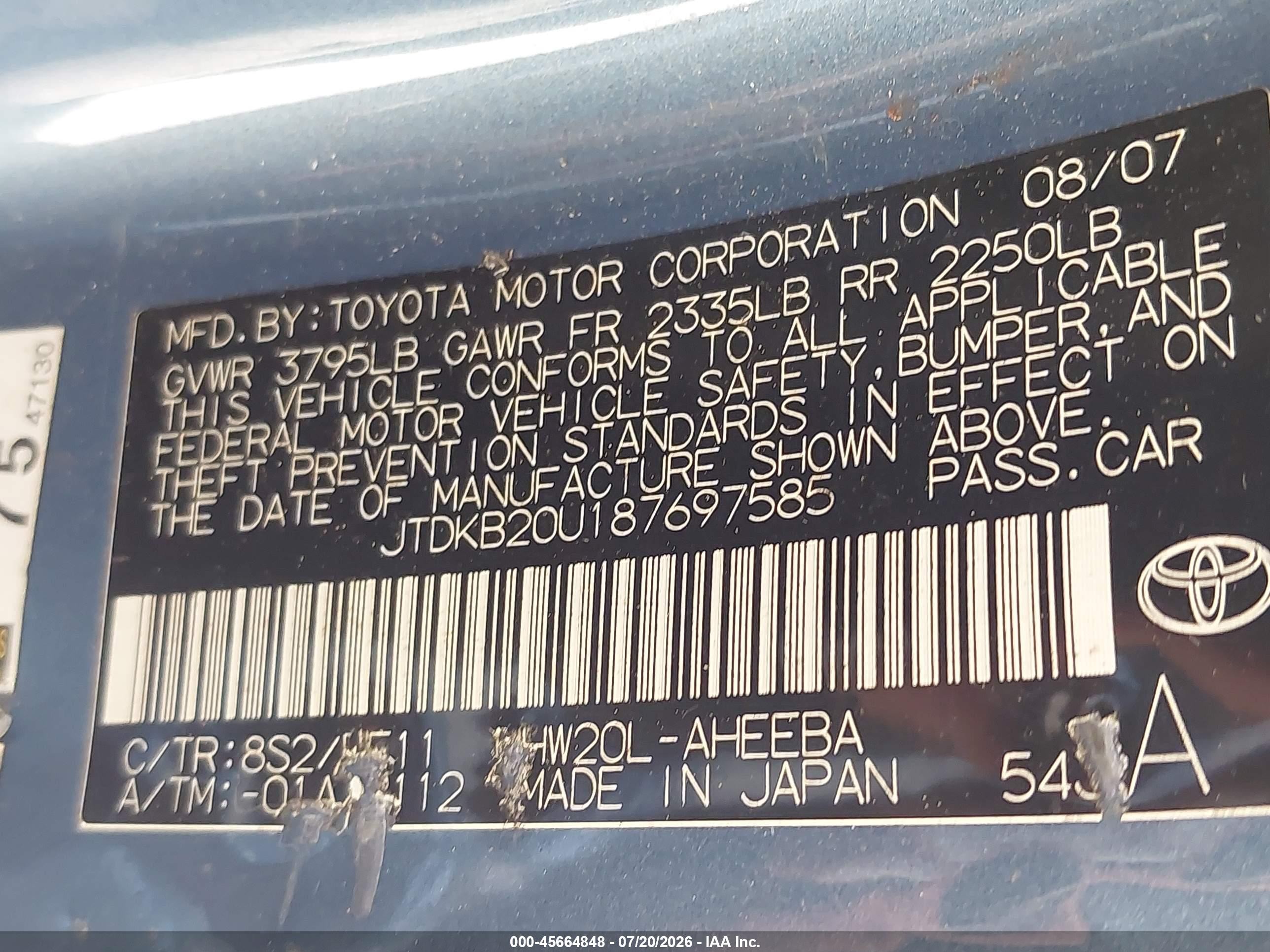 2008 Toyota Prius   Blue vin: JTDKB20U187697585