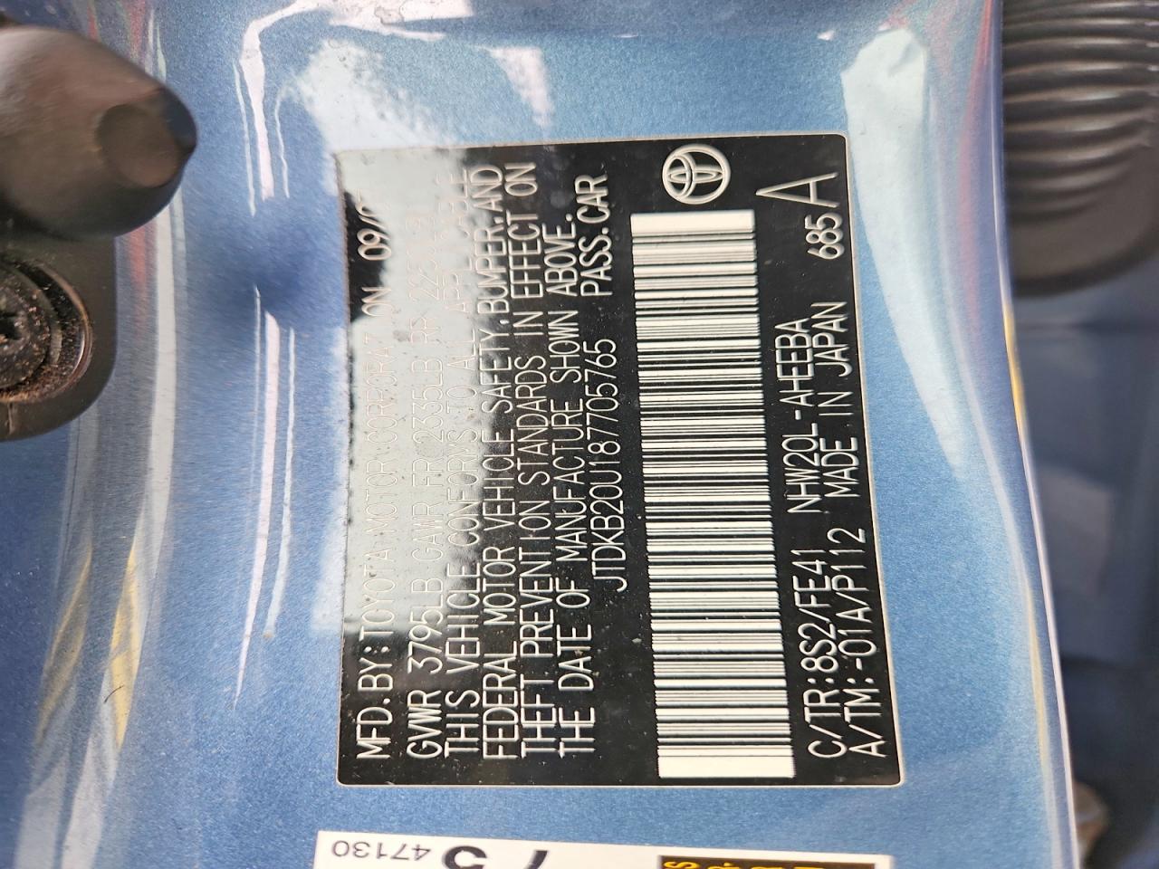 2008 Toyota Prius Base Blue vin: JTDKB20U187705765