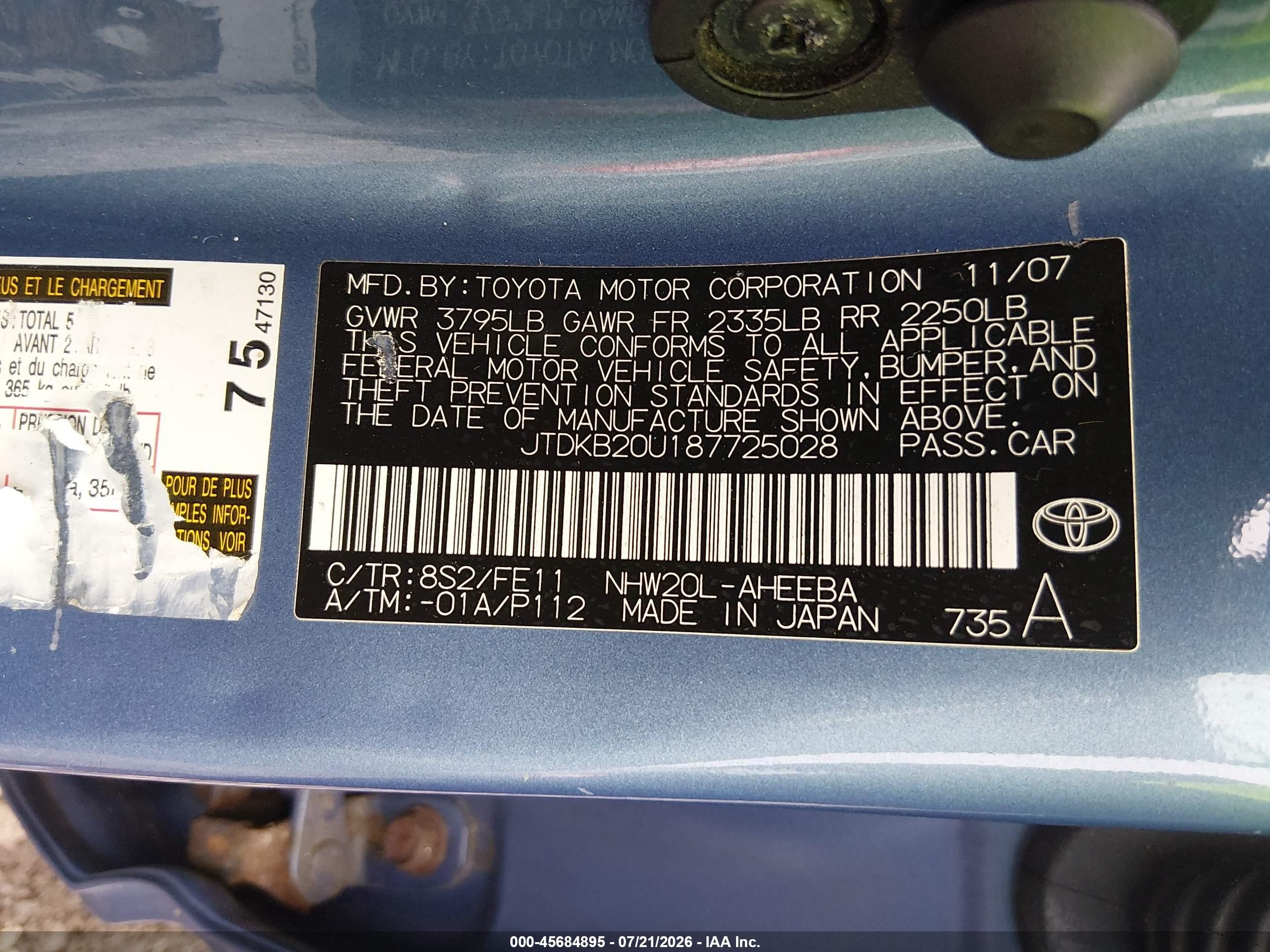 2008 Toyota Prius   Blue vin: JTDKB20U187725028