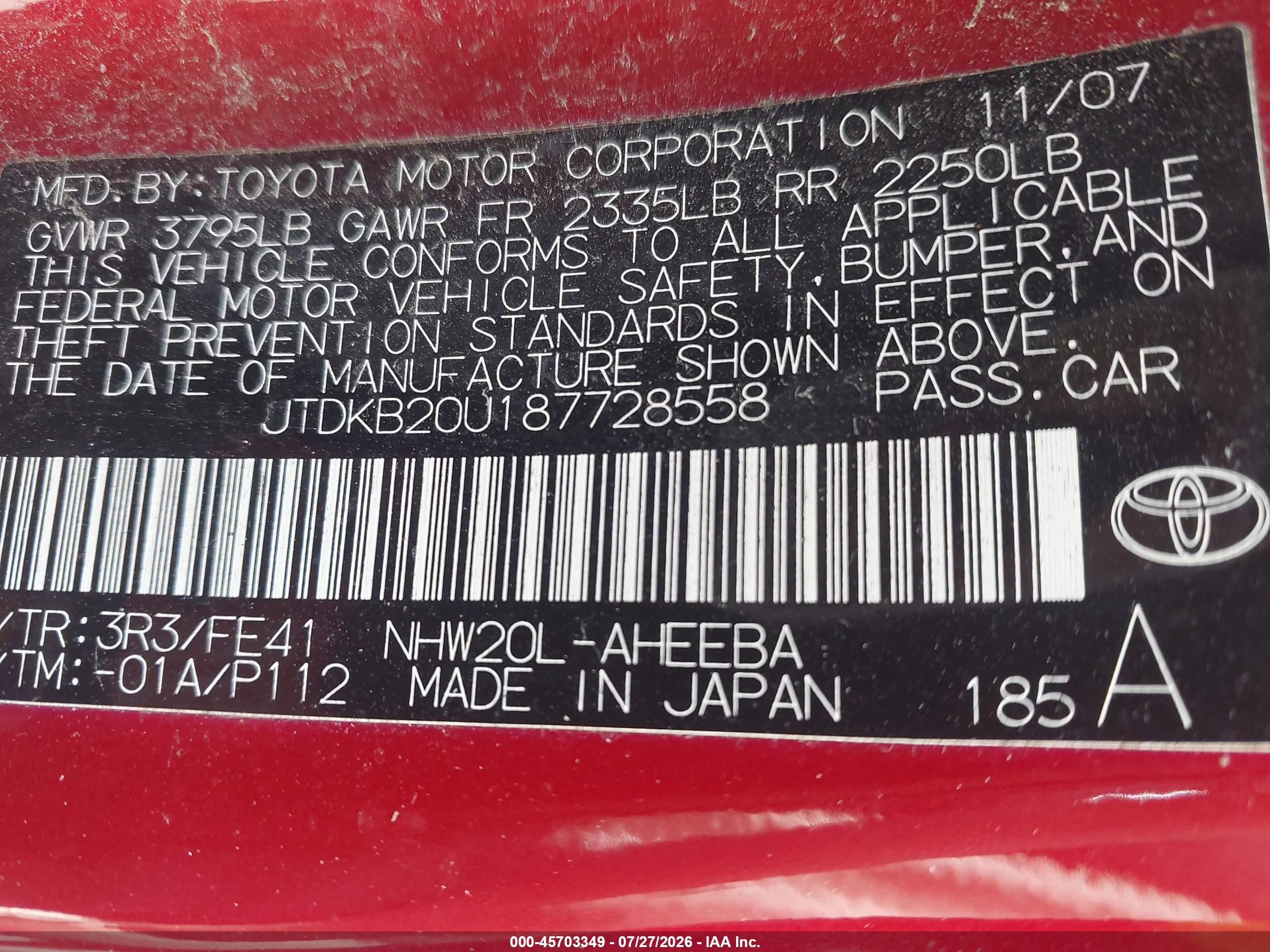 2008 Toyota Prius   Red vin: JTDKB20U187728558