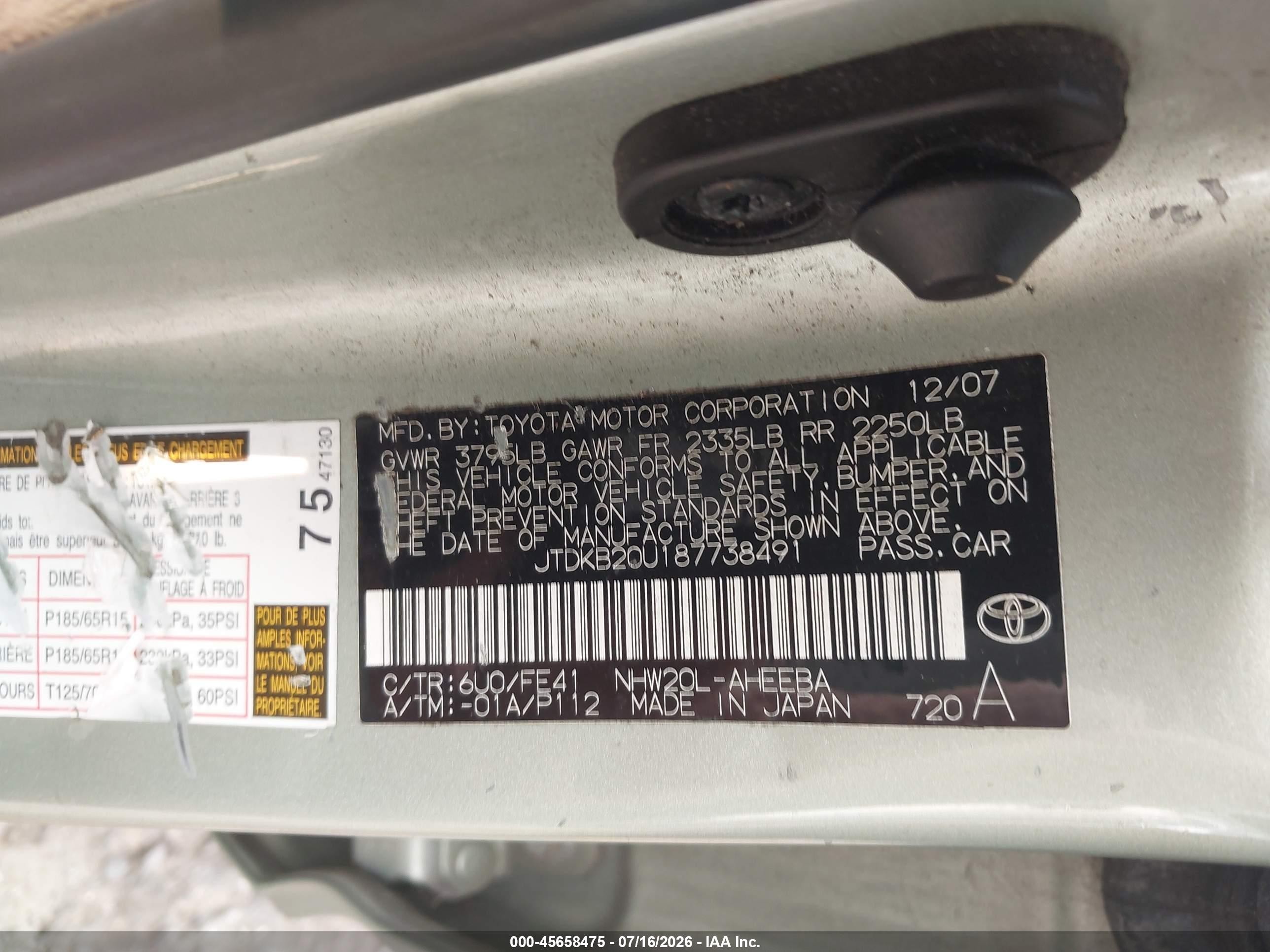 2008 Toyota Prius   Green vin: JTDKB20U187738491