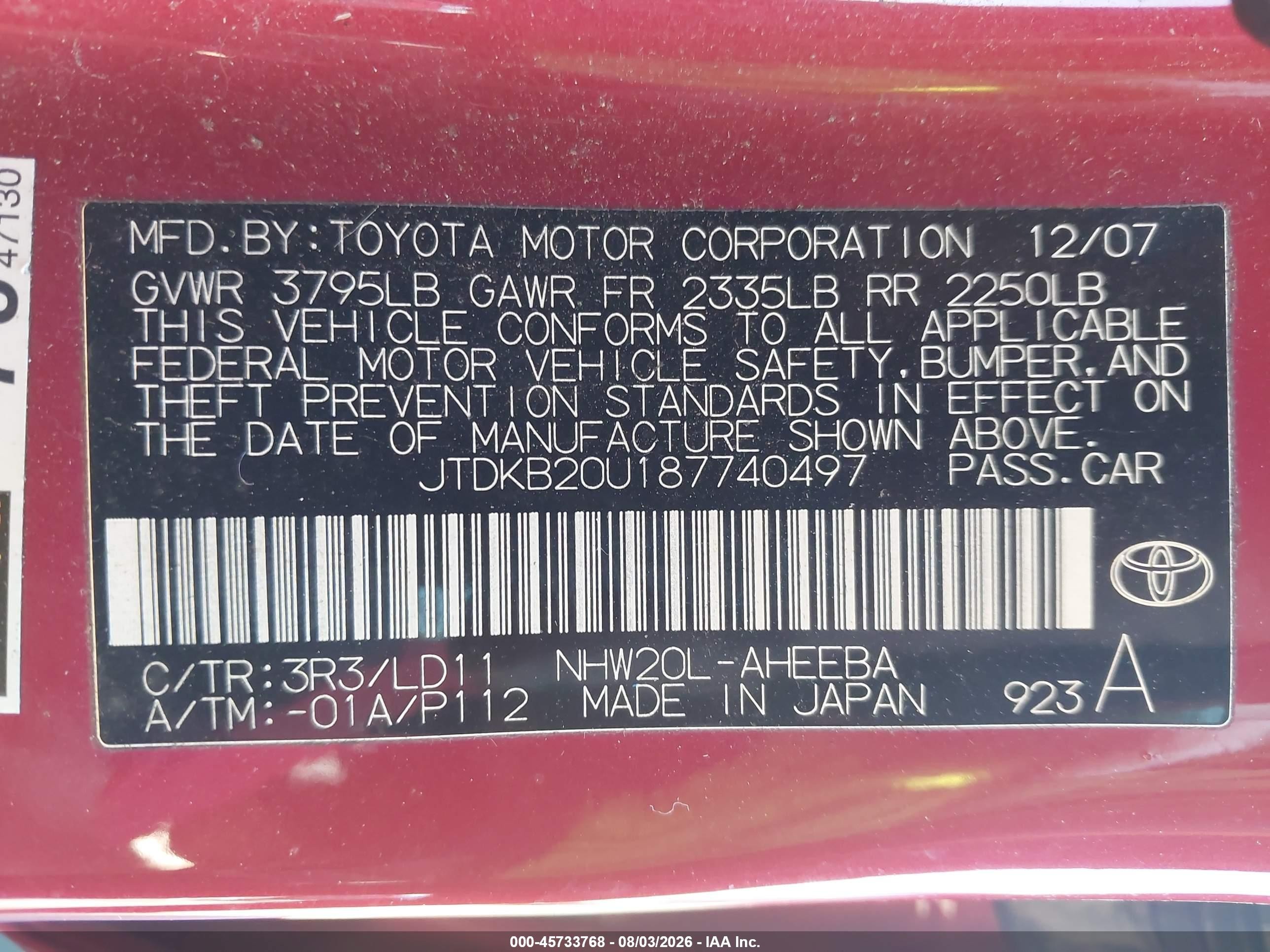 2008 Toyota Prius   Red vin: JTDKB20U187740497