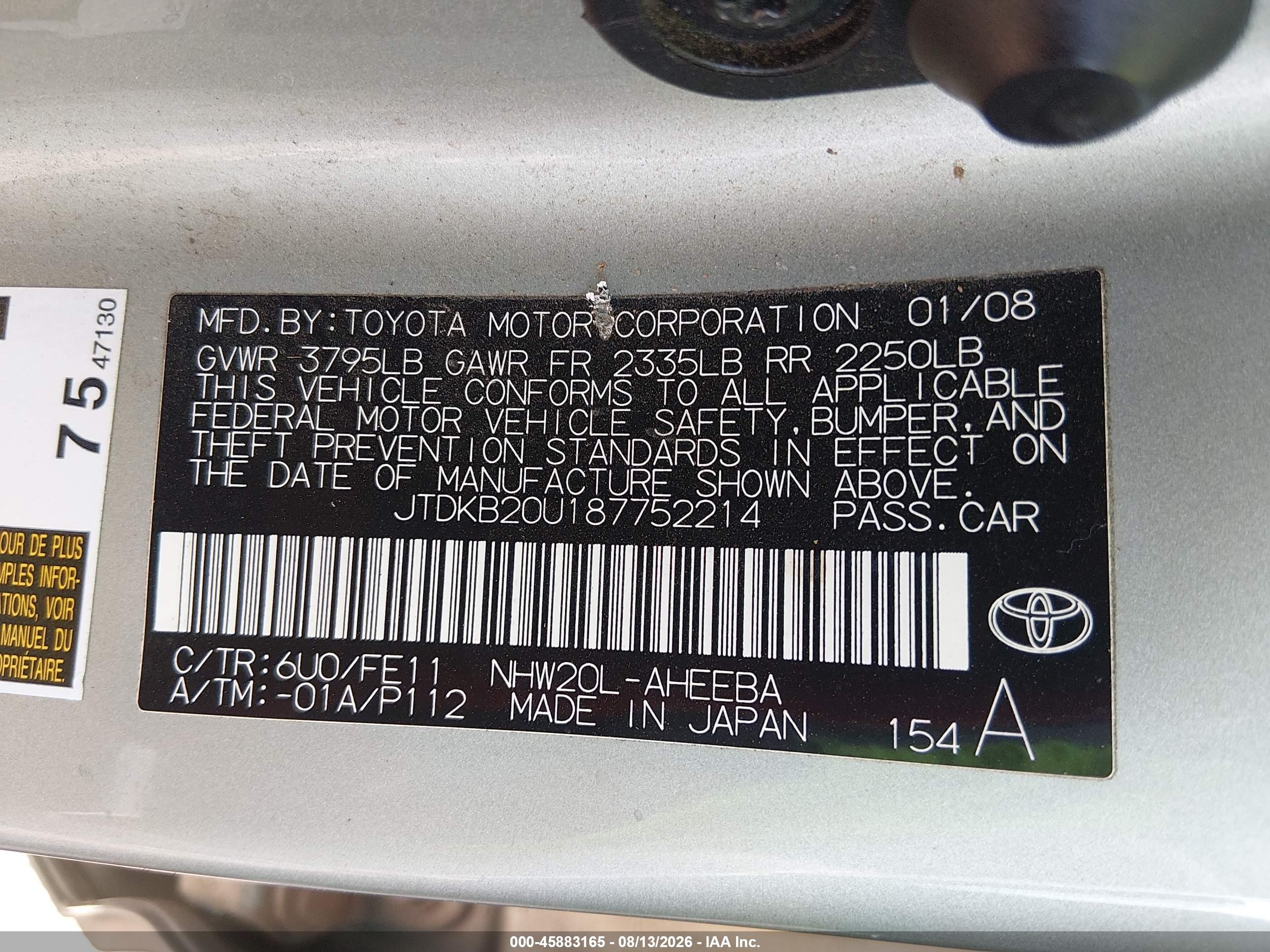 2008 Toyota Prius   Green vin: JTDKB20U187752214