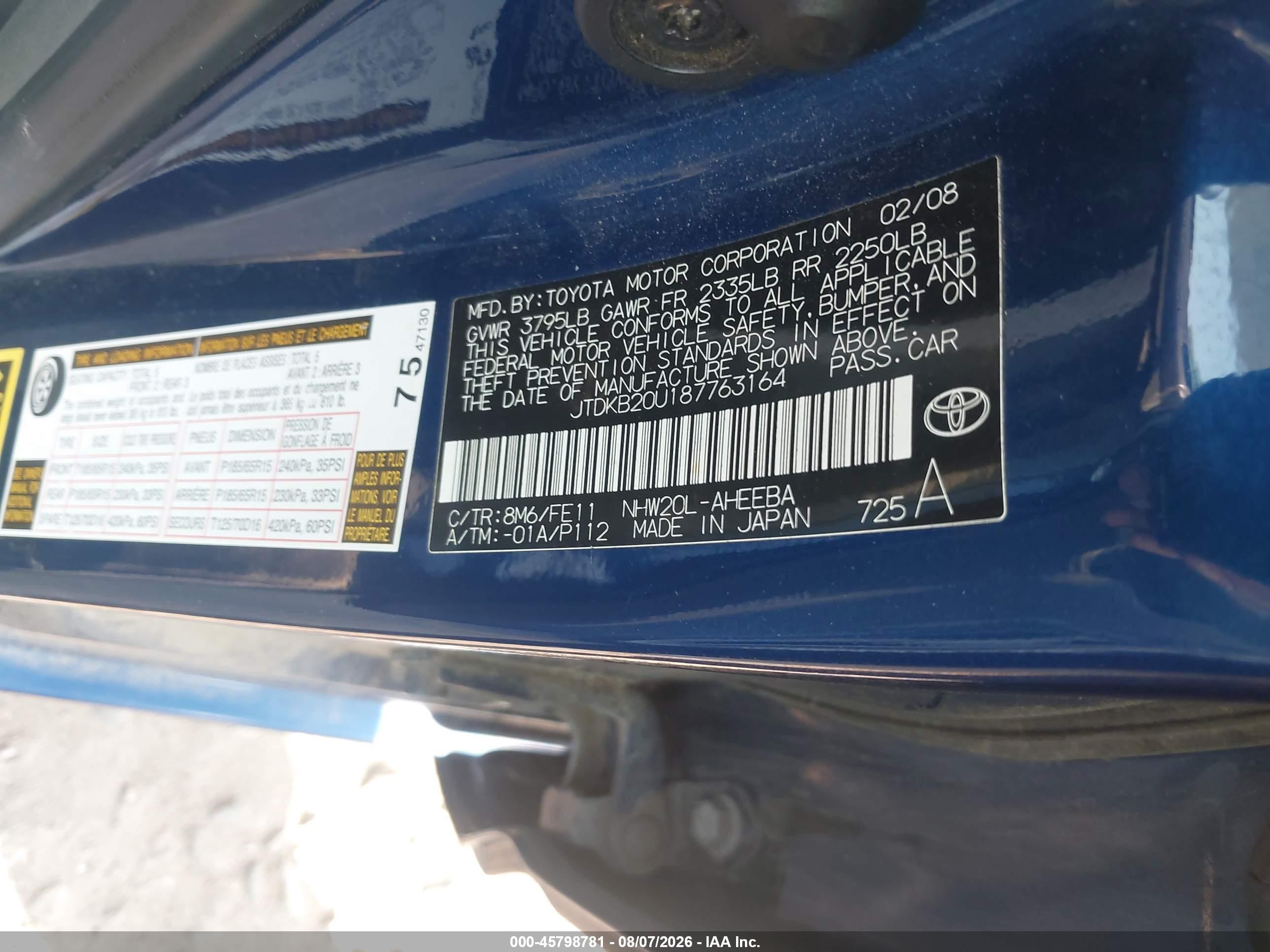 2008 Toyota Prius   Blue vin: JTDKB20U187763164