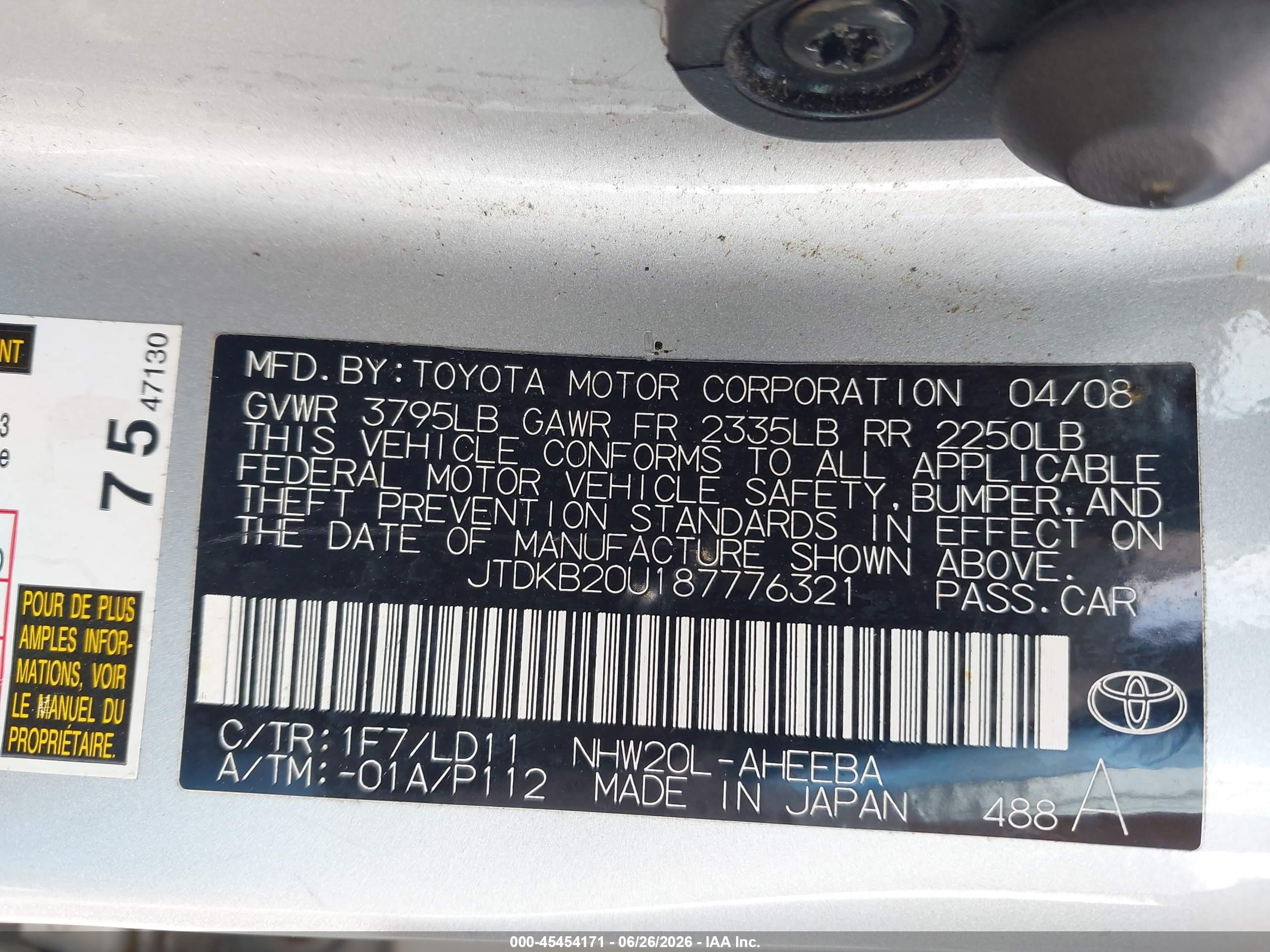 2008 Toyota Prius   Silver vin: JTDKB20U187776321