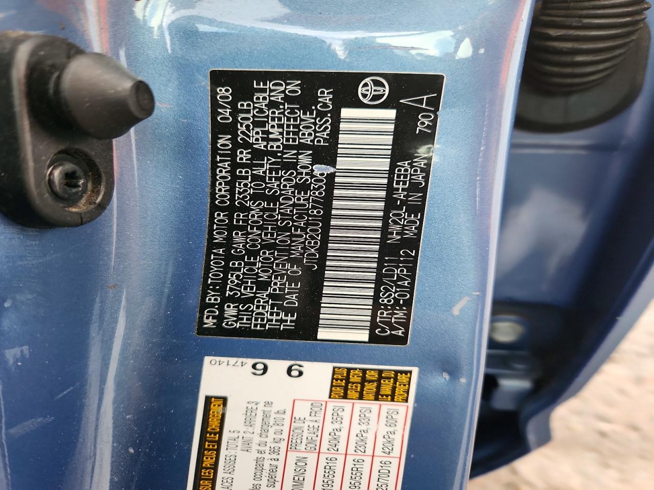 2008 Toyota Prius Touring Blue vin: JTDKB20U187783060