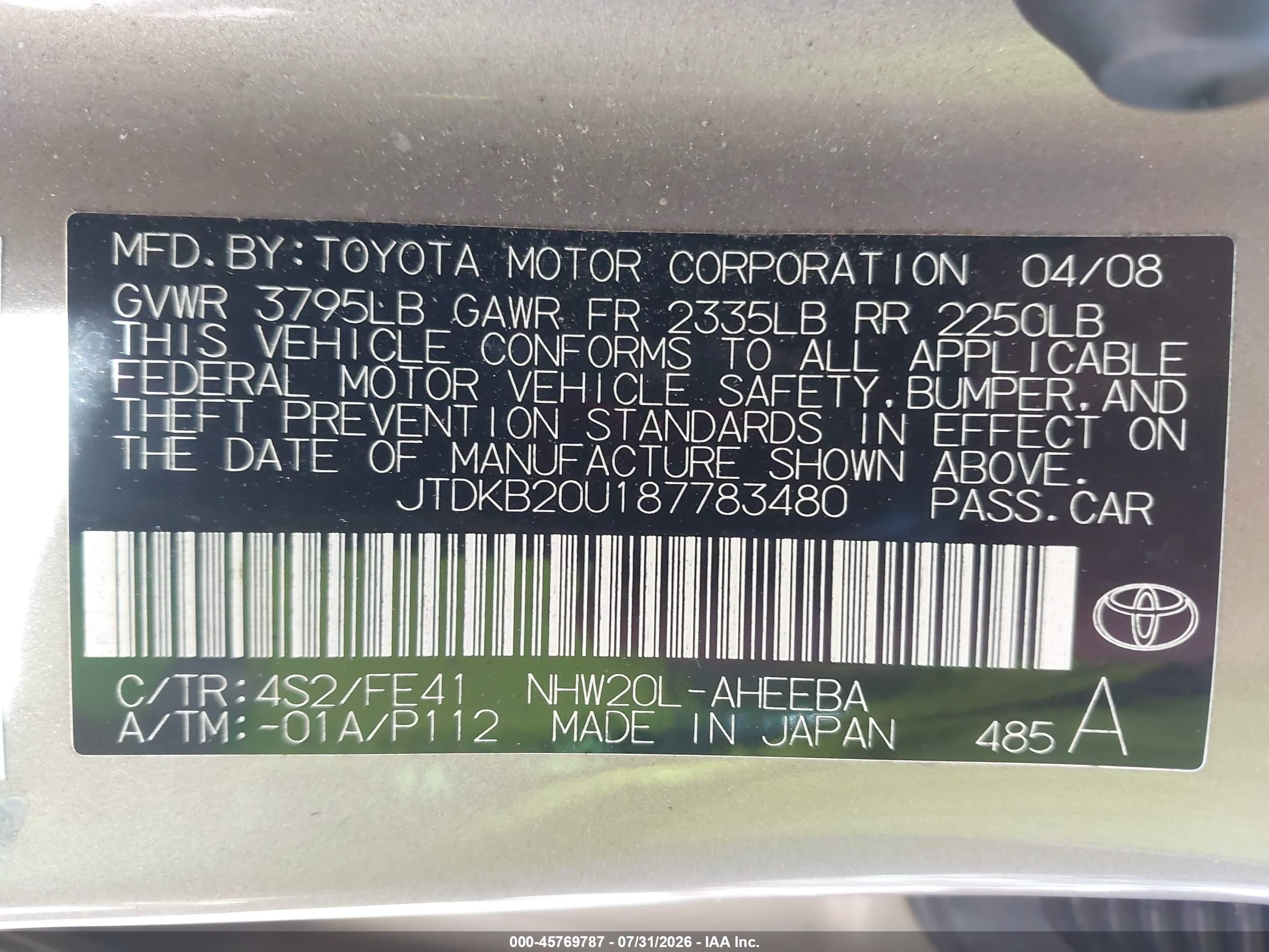 2008 Toyota Prius Touring Pink vin: JTDKB20U187783480