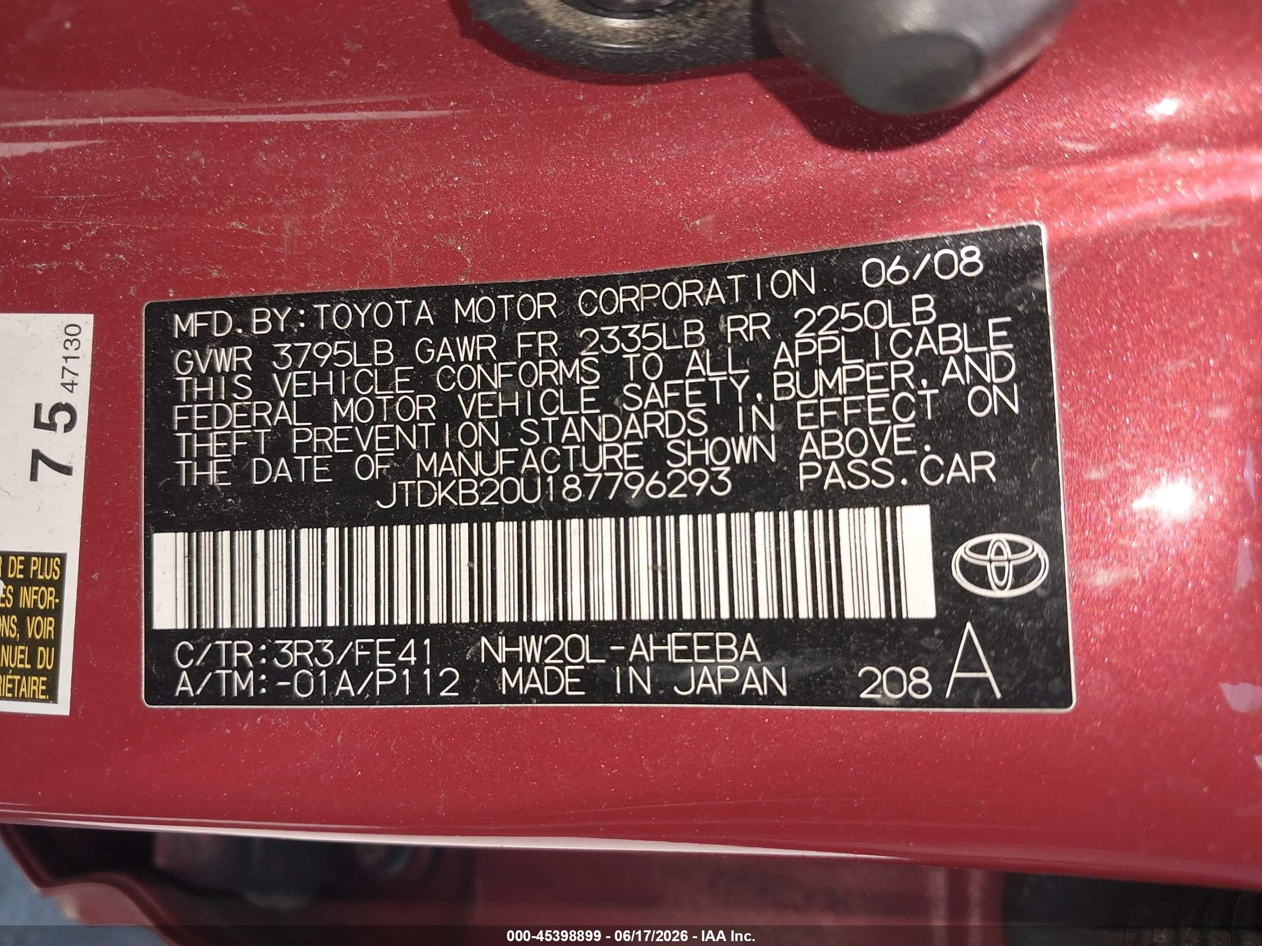 2008 Toyota Prius   Красный vin: JTDKB20U187796293