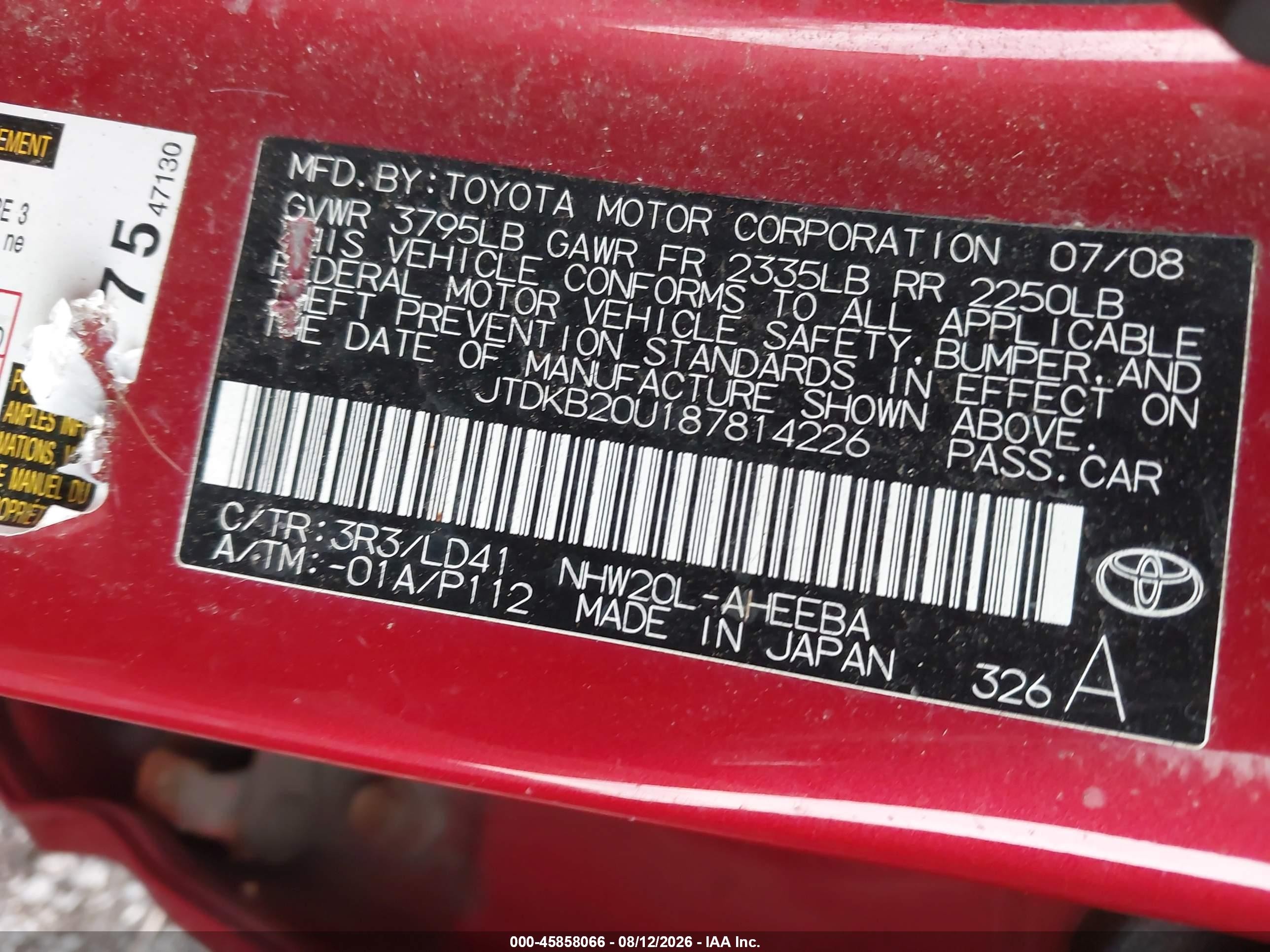 2008 Toyota Prius   Red vin: JTDKB20U187814226