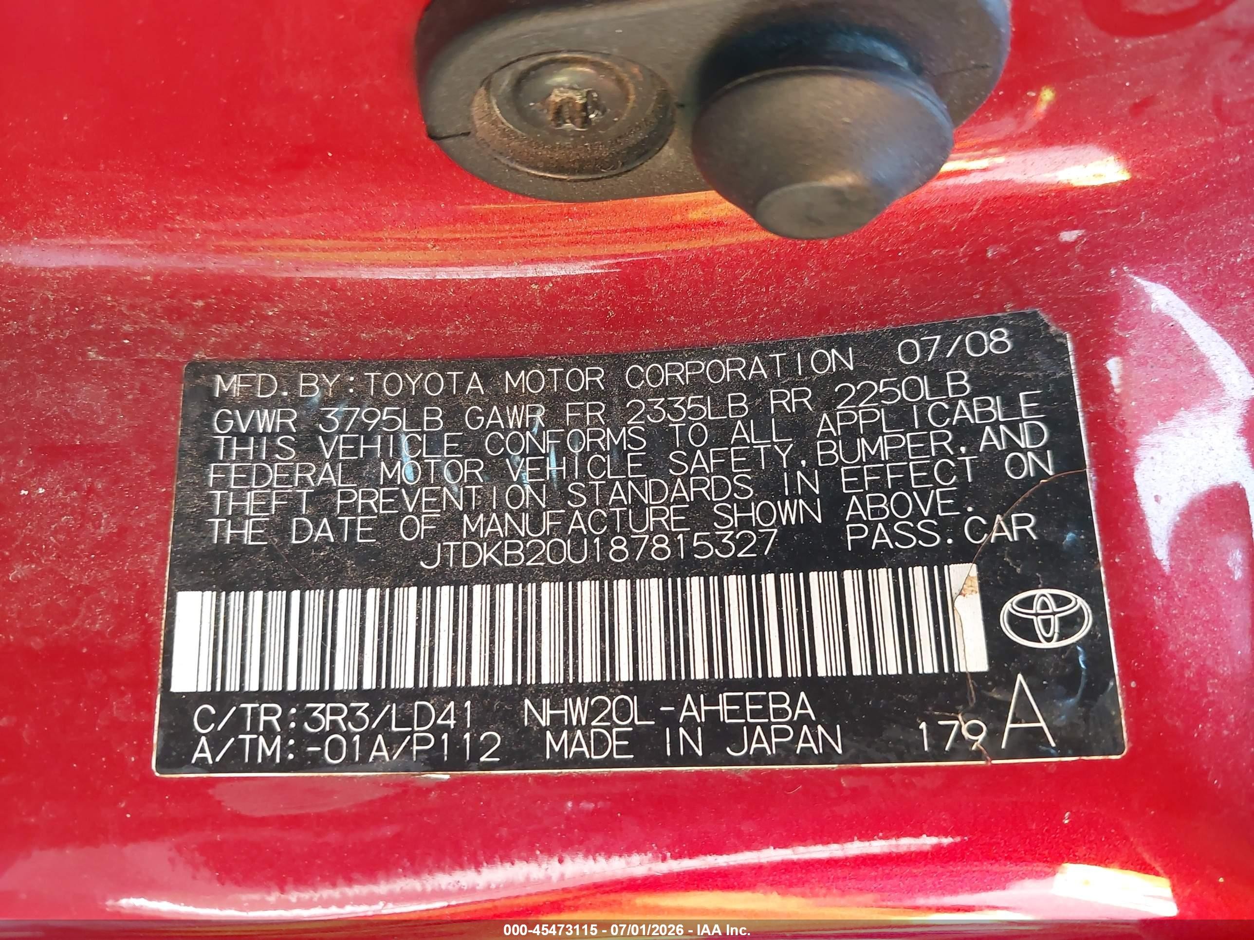 2008 Toyota Prius   Red vin: JTDKB20U187815327