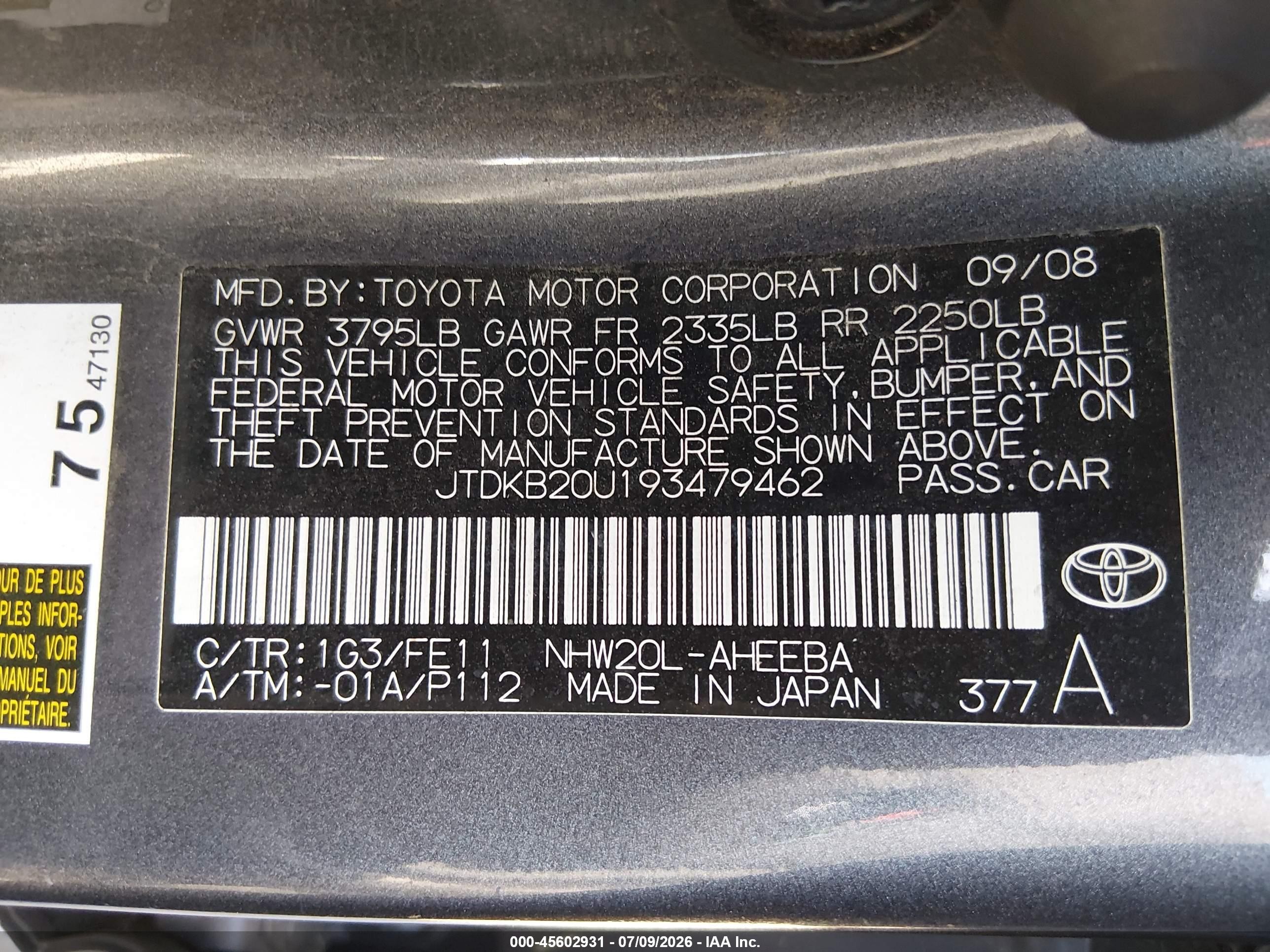 2009 Toyota Prius   Gray vin: JTDKB20U193479462