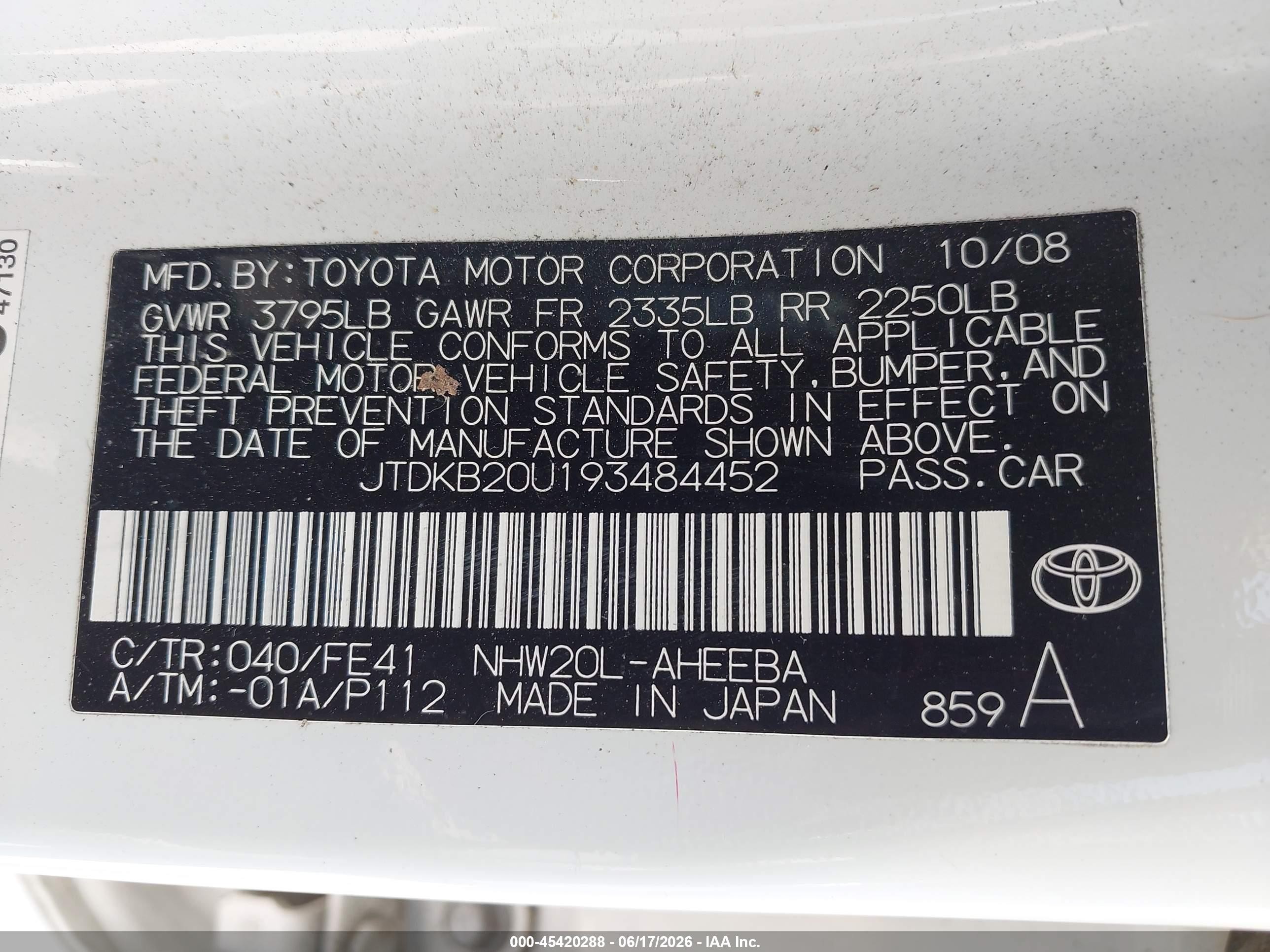 2009 Toyota Prius White vin: JTDKB20U193484452