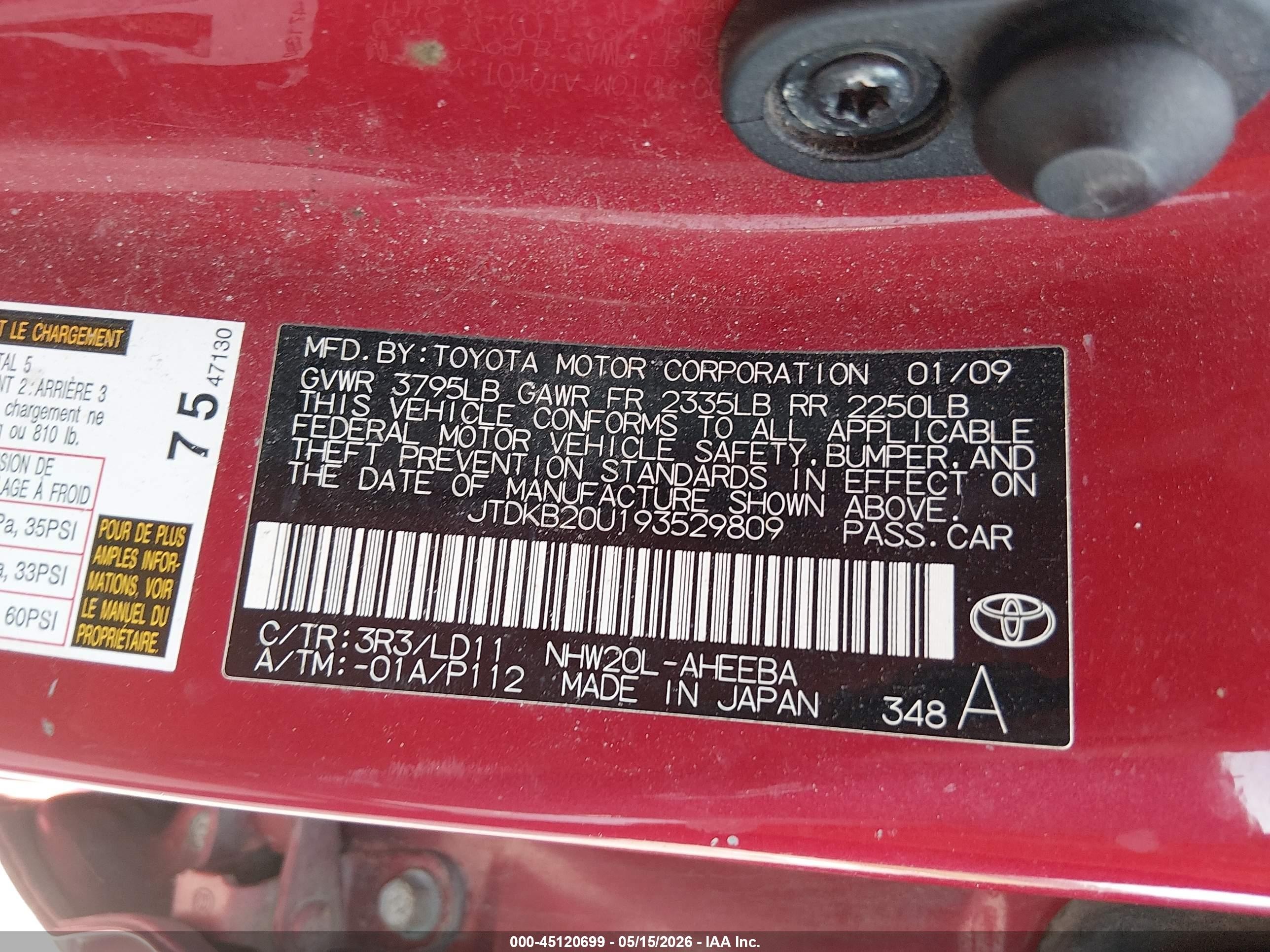 2009 Toyota Prius Red vin: JTDKB20U193529809