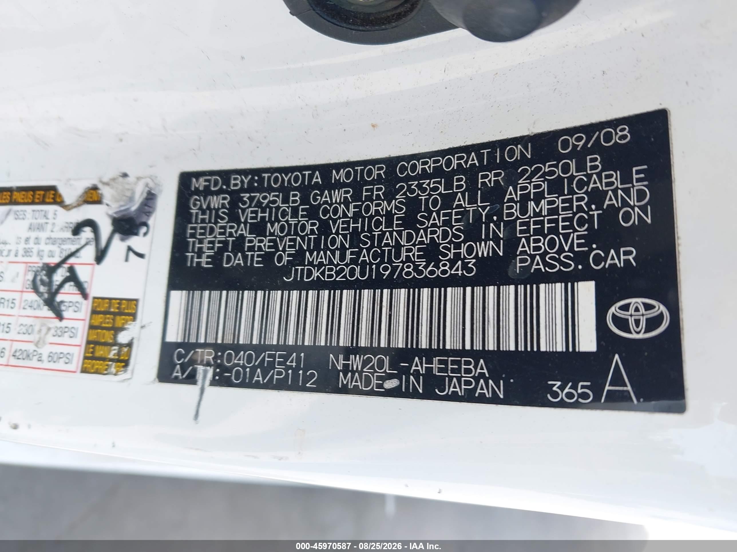 2009 Toyota Prius   White vin: JTDKB20U197836843