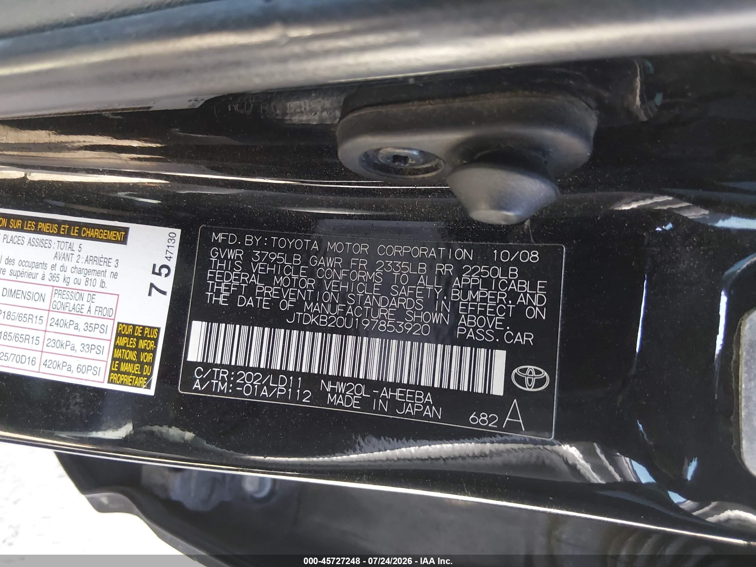 2009 Toyota Prius   Black vin: JTDKB20U197853920