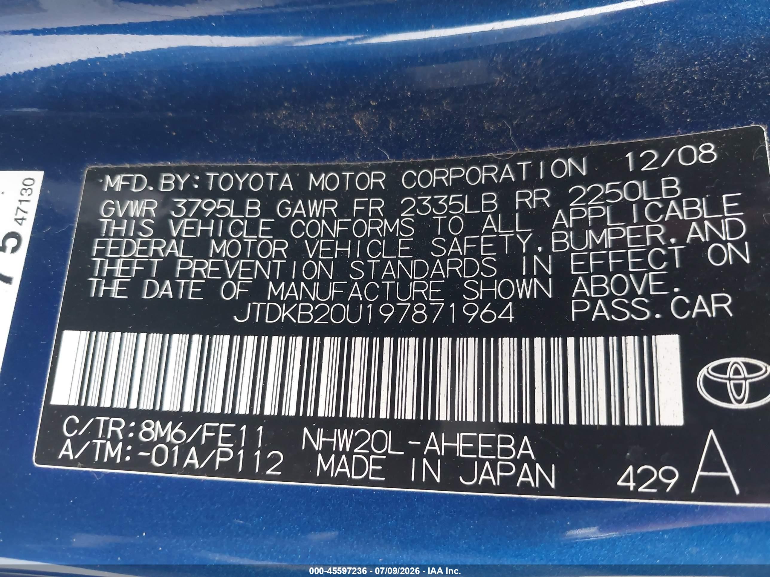2009 Toyota Prius Standard Blue vin: JTDKB20U197871964