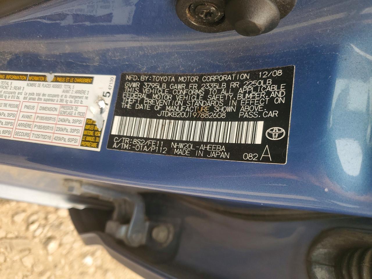 2009 Toyota Prius Base Blue vin: JTDKB20U197882608