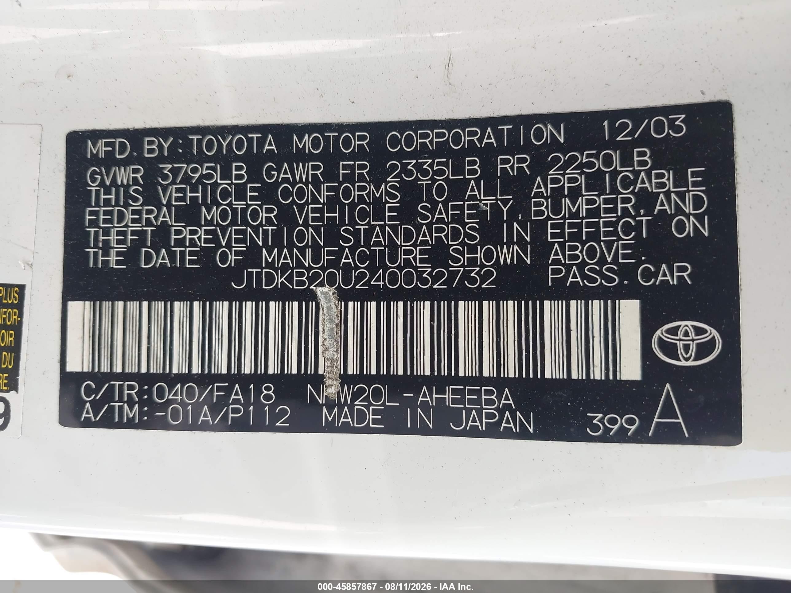 2004 Toyota Prius   White vin: JTDKB20U240032732
