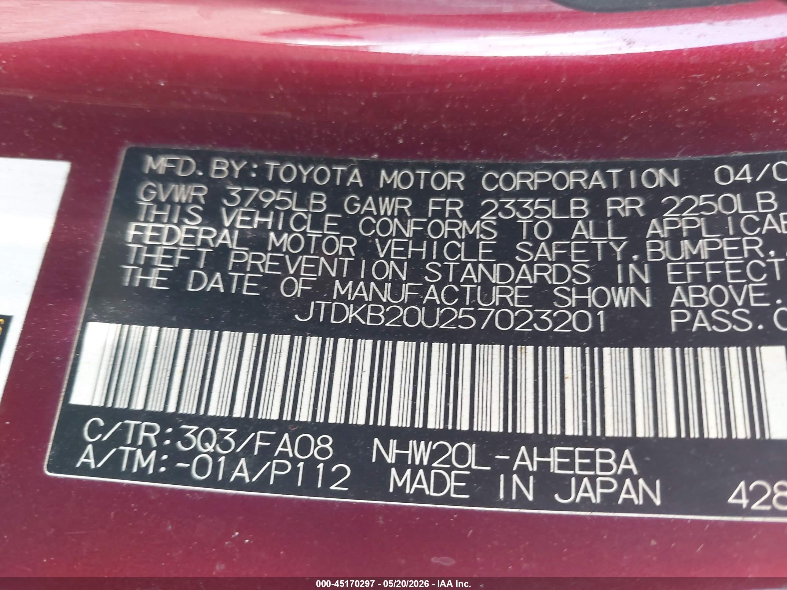 2005 Toyota Prius   Burgundy vin: JTDKB20U257023201