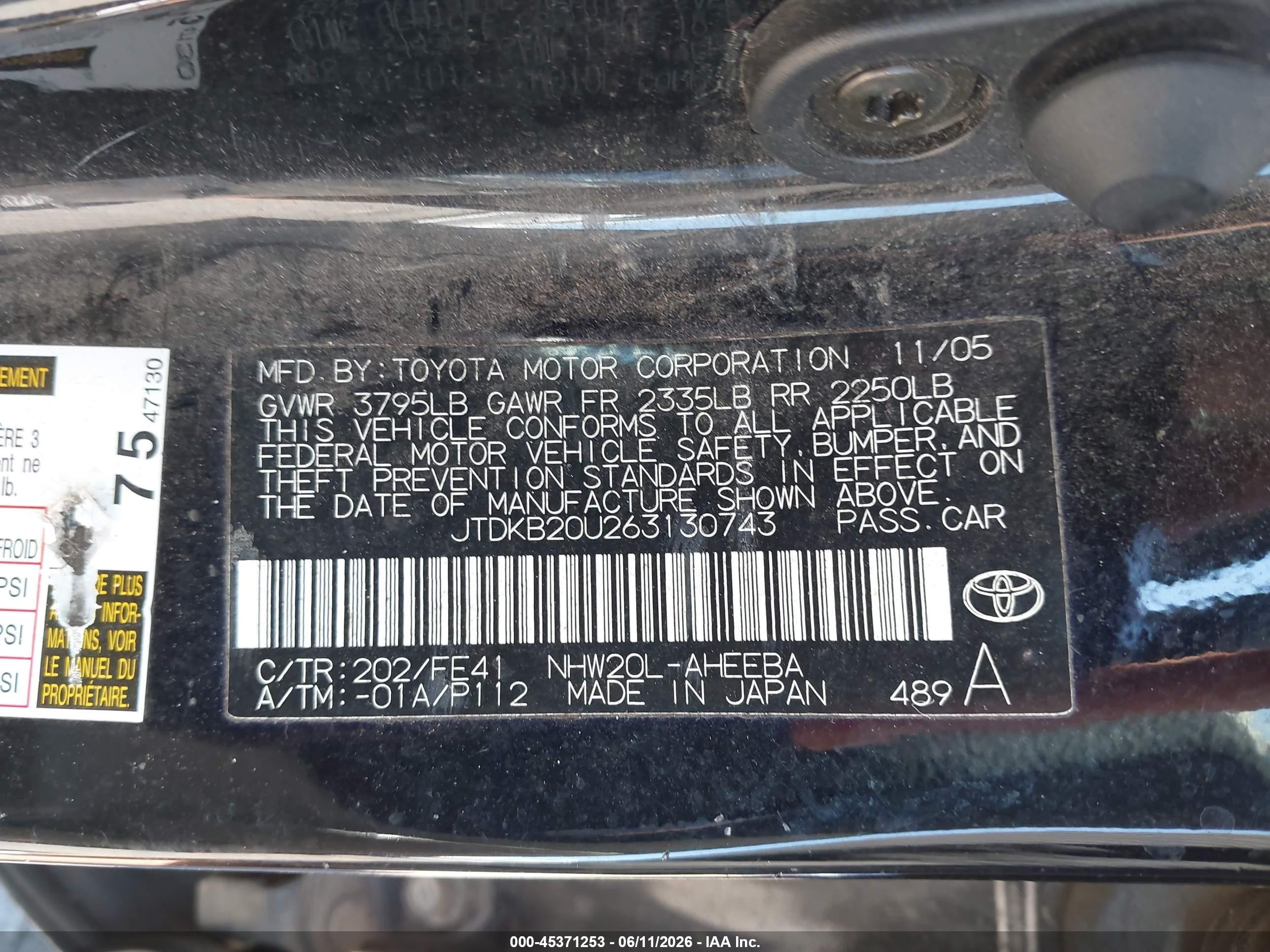 2006 Toyota Prius   Black vin: JTDKB20U263130743
