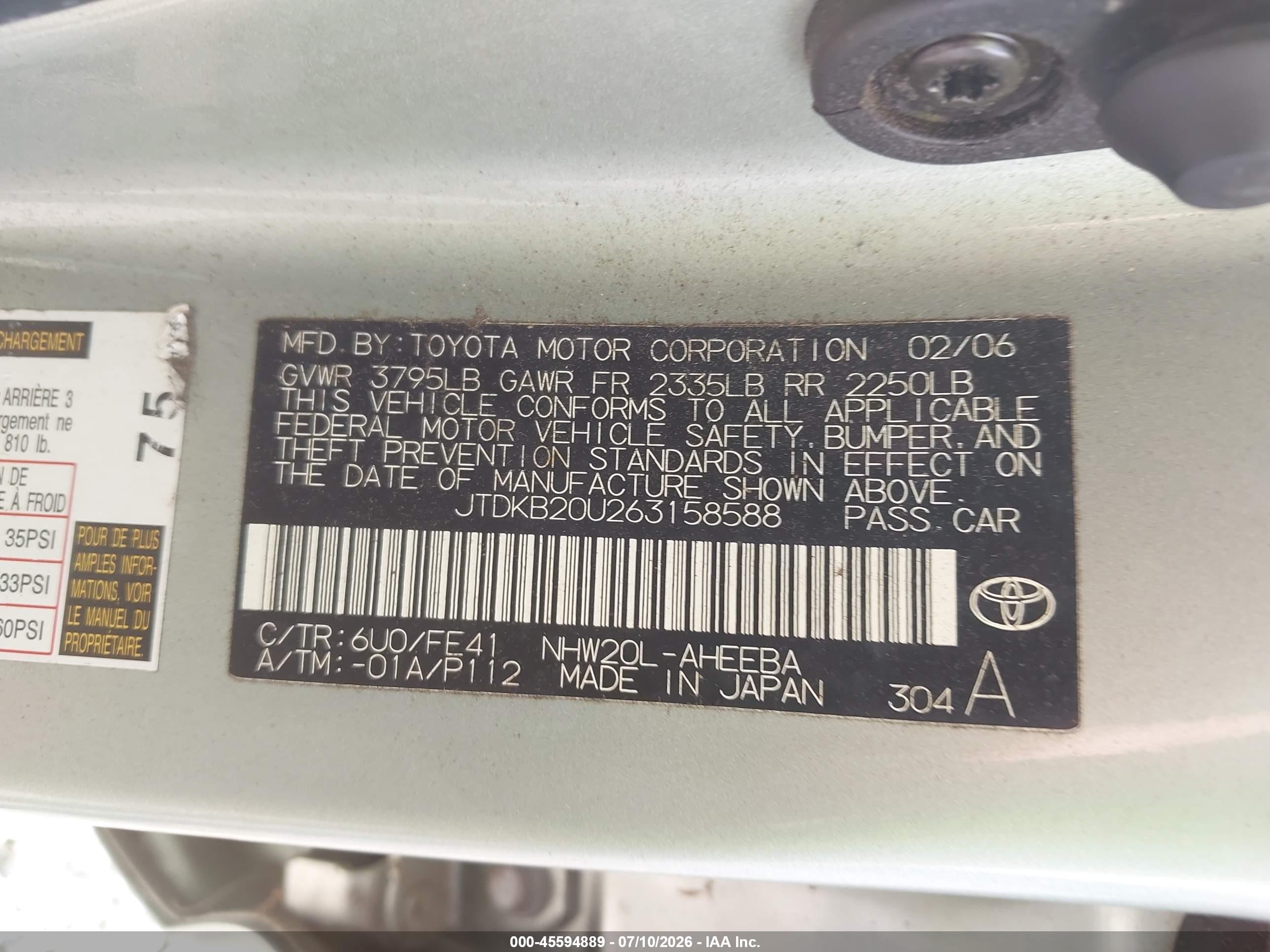 2006 Toyota Prius   Green vin: JTDKB20U263158588