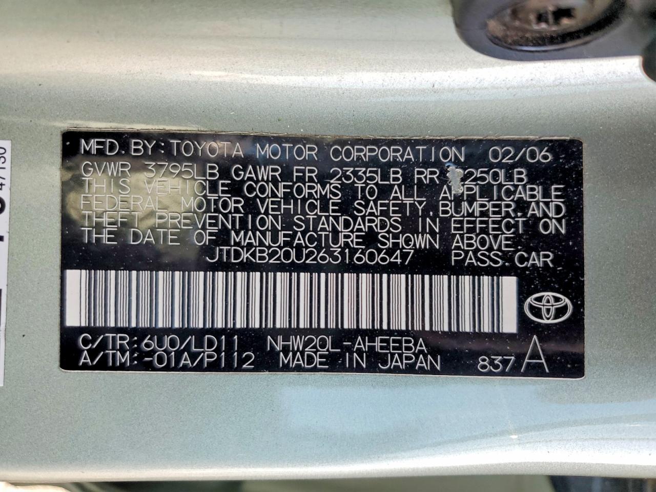 2006 Toyota Prius Base Green vin: JTDKB20U263160647