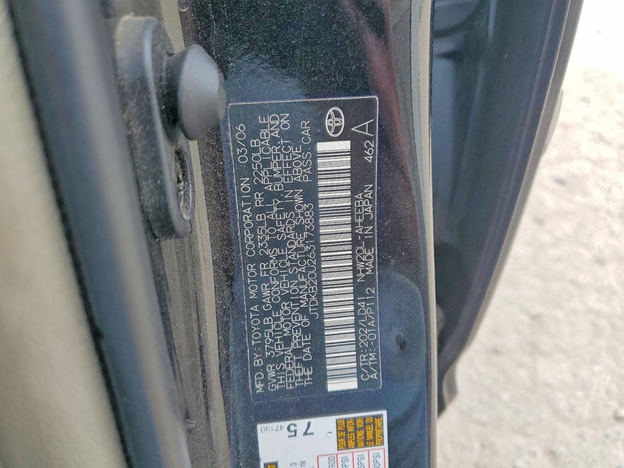 2006 Toyota Prius Base Black vin: JTDKB20U263173883