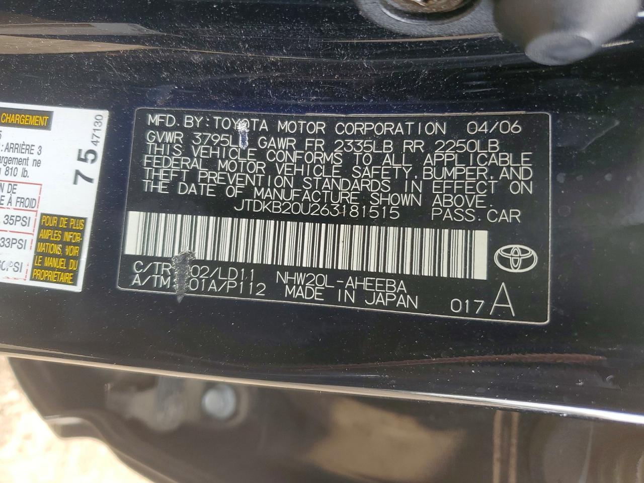 2006 Toyota Prius Base Black vin: JTDKB20U263181515