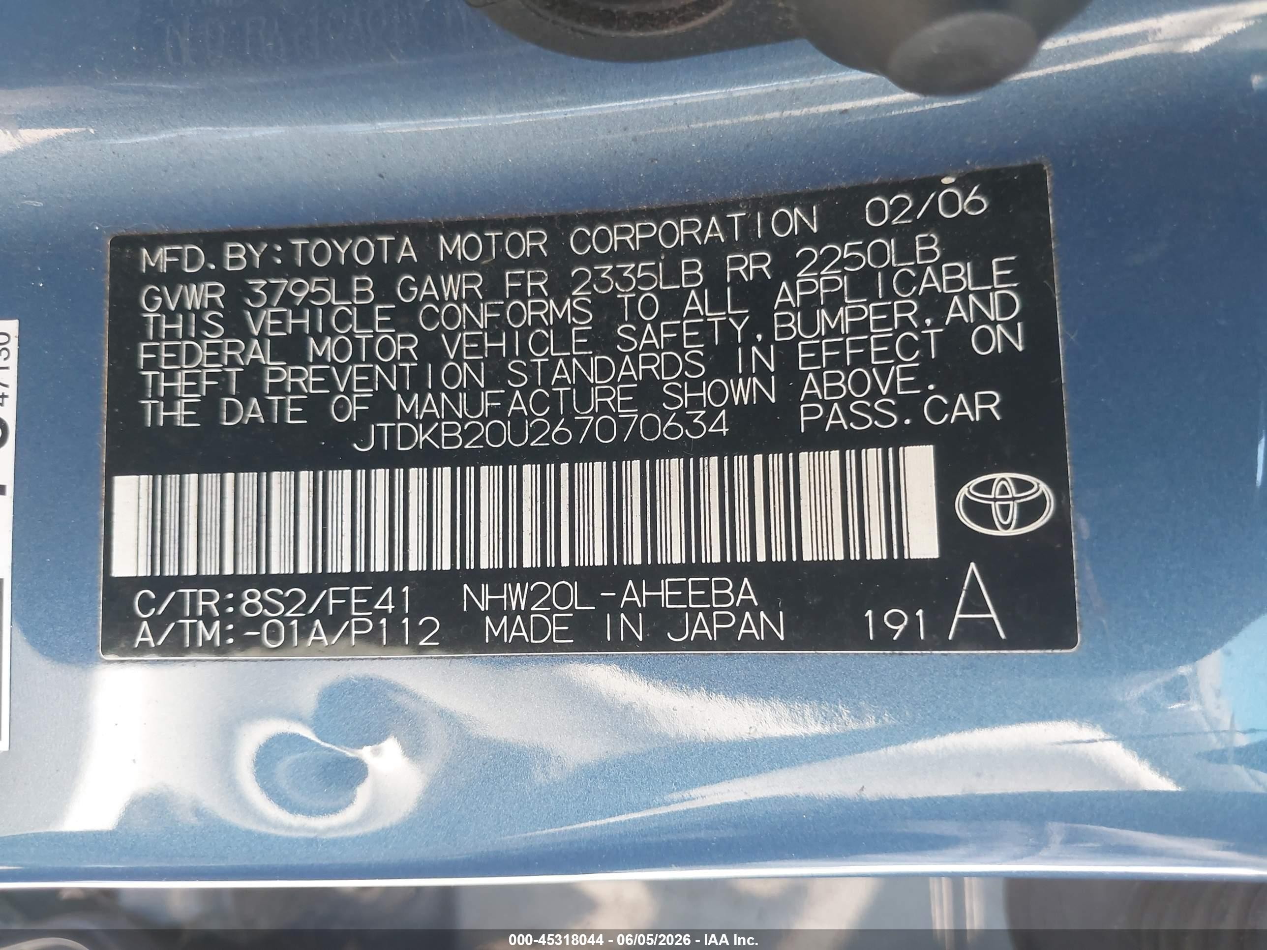 2006 Toyota Prius   Blue vin: JTDKB20U267070634